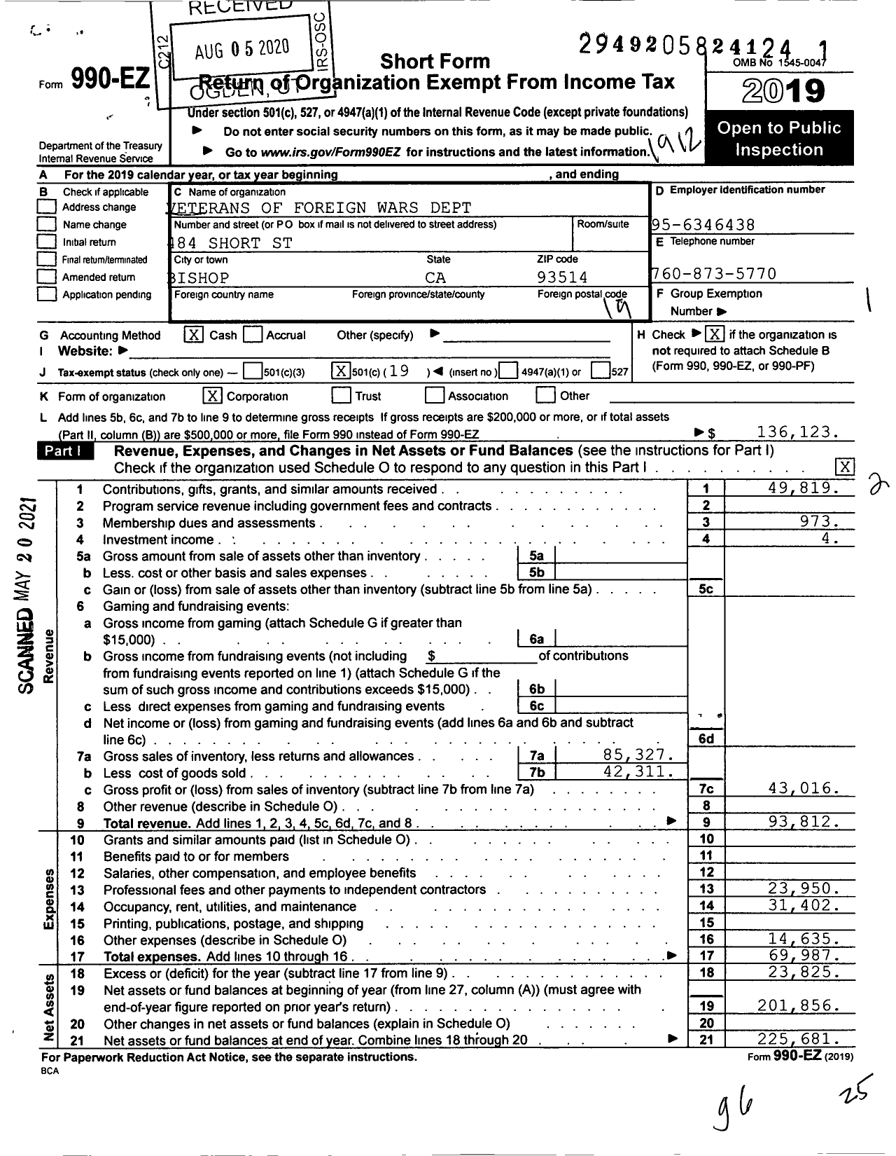 Image of first page of 2019 Form 990EO for VFW California Department - 8988 10 Bishop