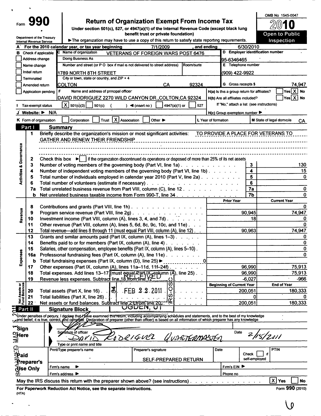 Image of first page of 2009 Form 990 for VFW California Department - 6476 Rudolfo P Hernandez