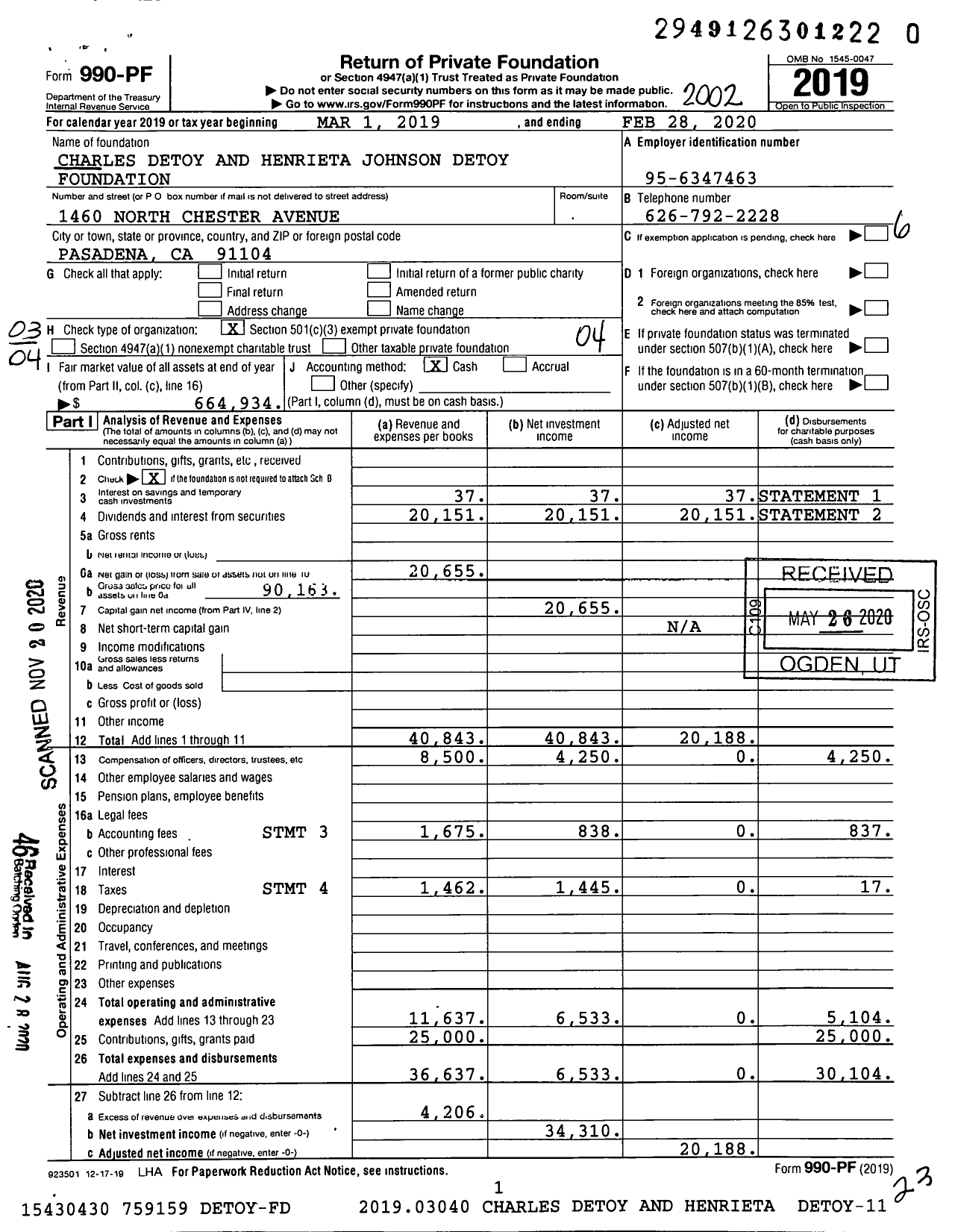 Image of first page of 2019 Form 990PF for Charles Detoy and Henrieta Johnson Detoy Foundation