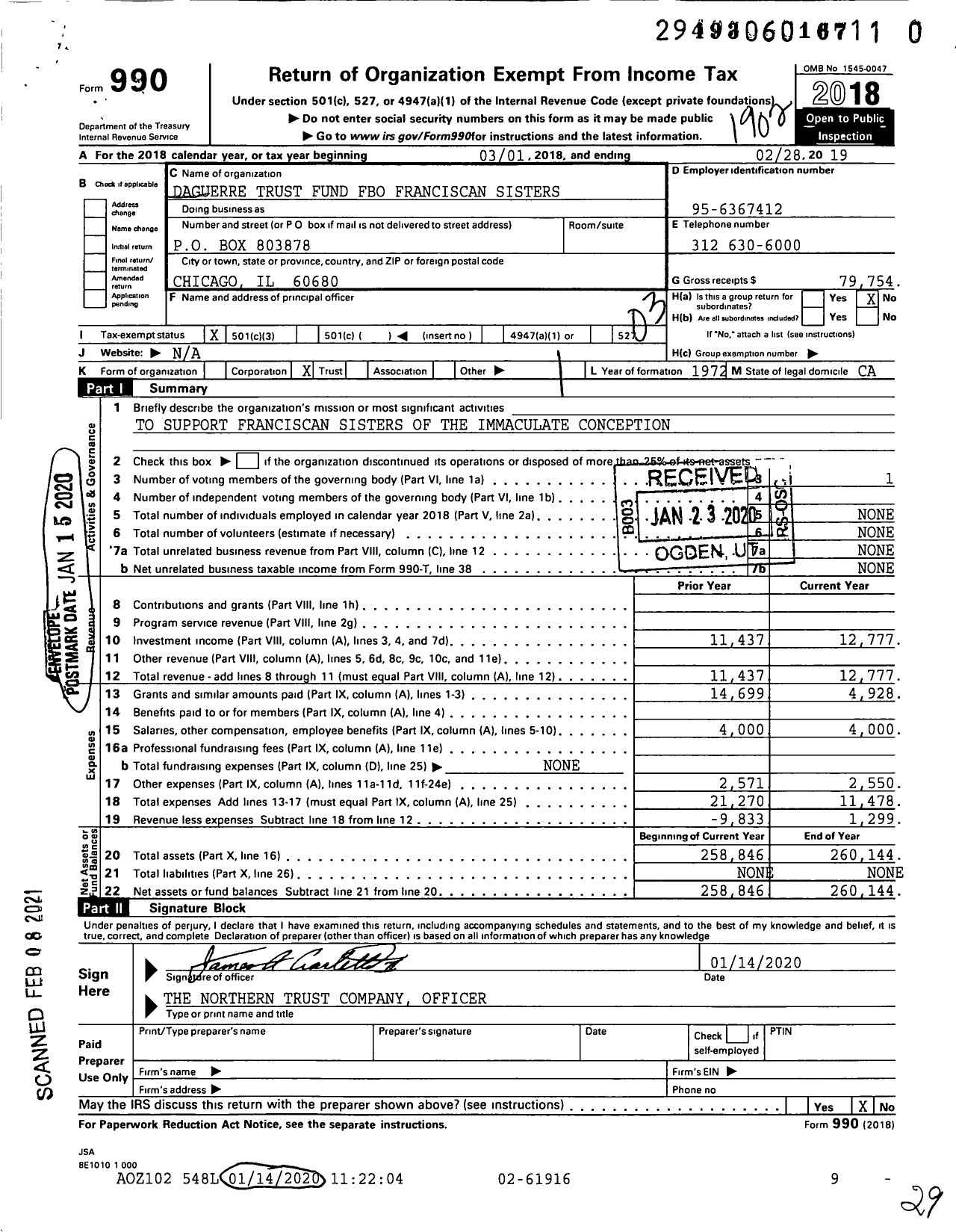 Image of first page of 2018 Form 990 for Daguerre Trust Fund Fbo Franciscan Sisters