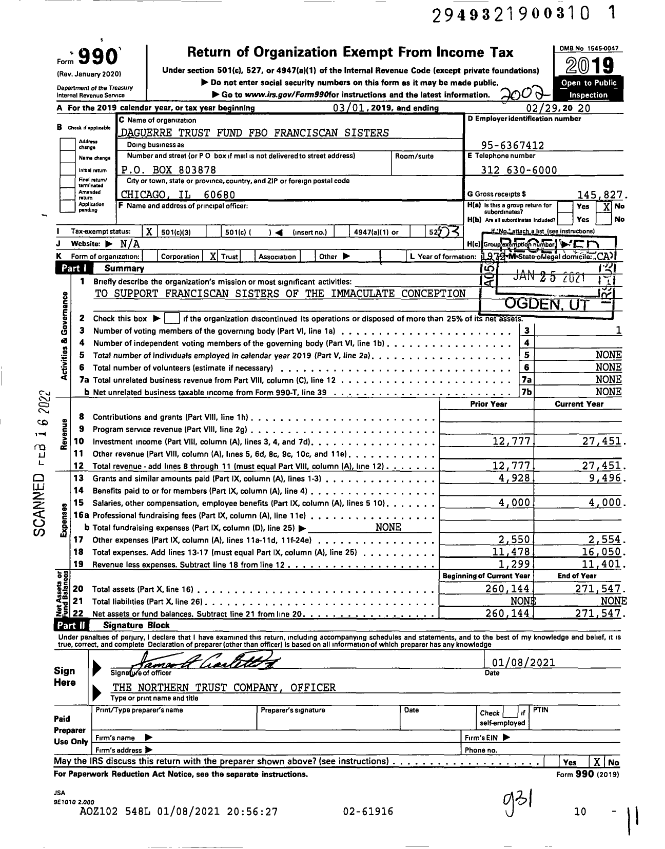 Image of first page of 2019 Form 990 for Daguerre Trust Fund Fbo Franciscan Sisters