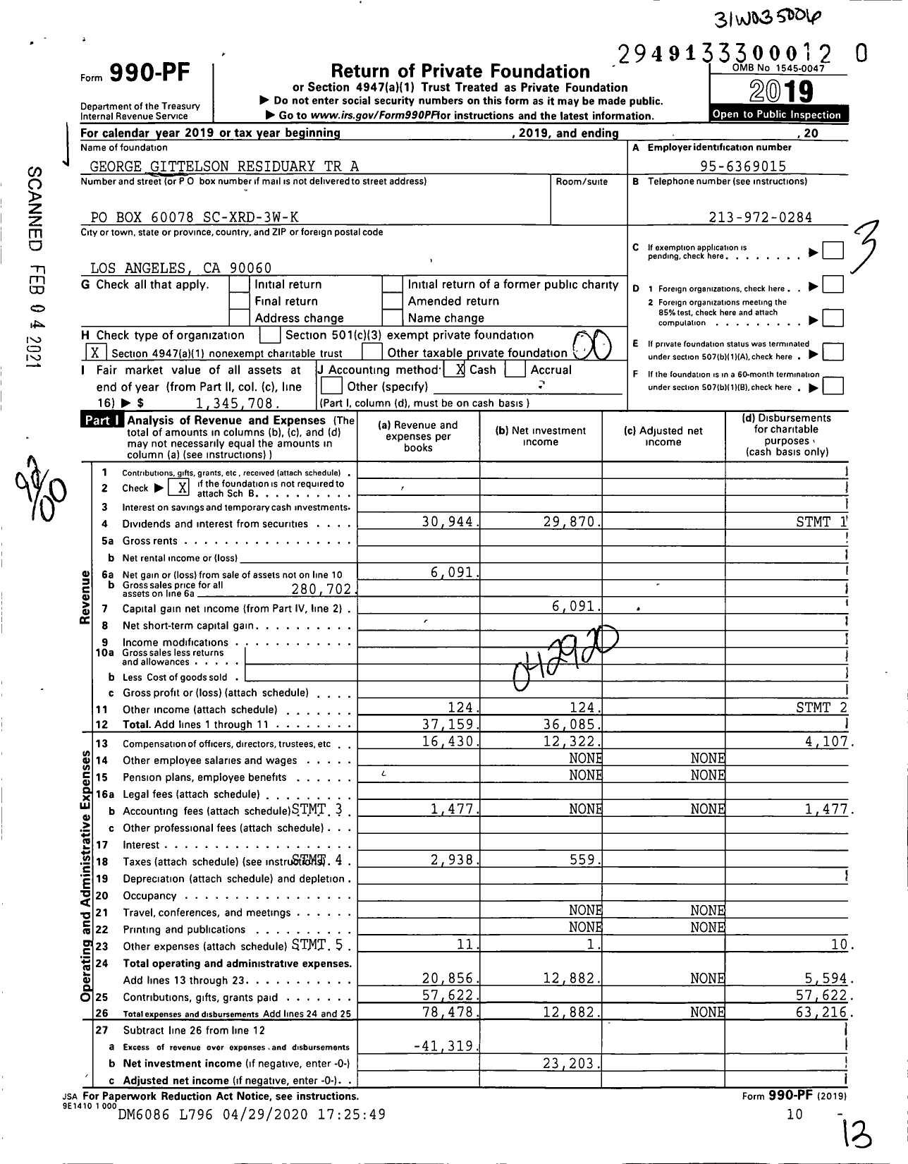 Image of first page of 2019 Form 990PF for George Gittelson Residuary TR A