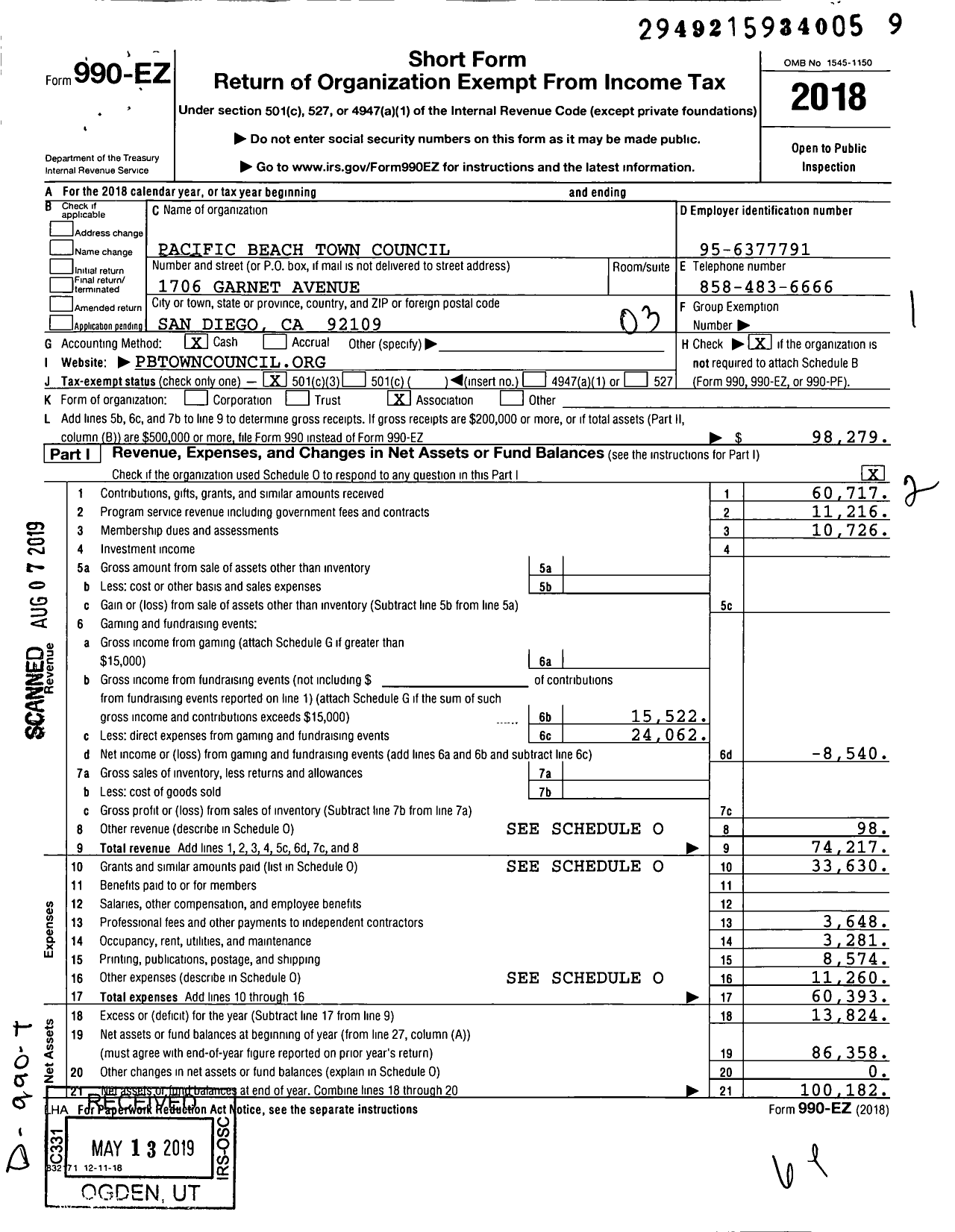 Image of first page of 2018 Form 990EZ for Pacific Beach Town Council