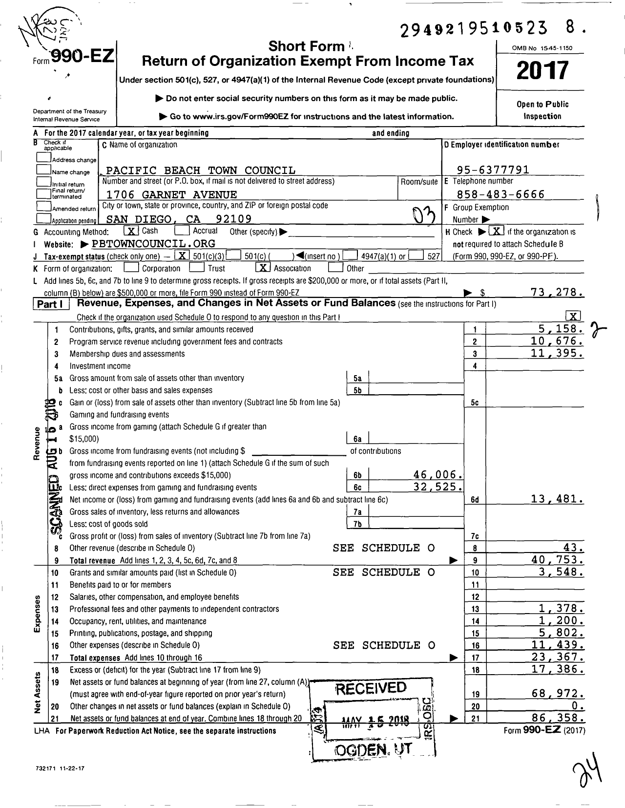 Image of first page of 2017 Form 990EZ for Pacific Beach Town Council