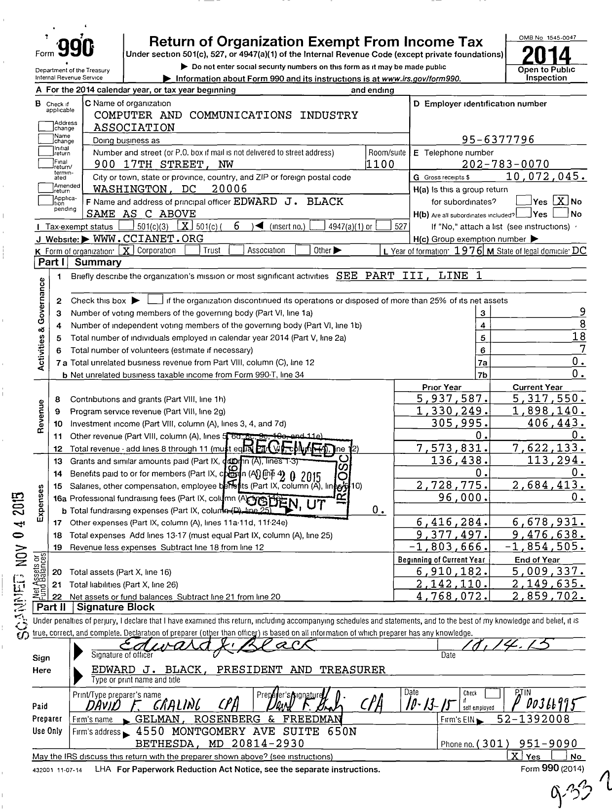 Image of first page of 2014 Form 990O for Computer and Communications Industry Association (CCIA)