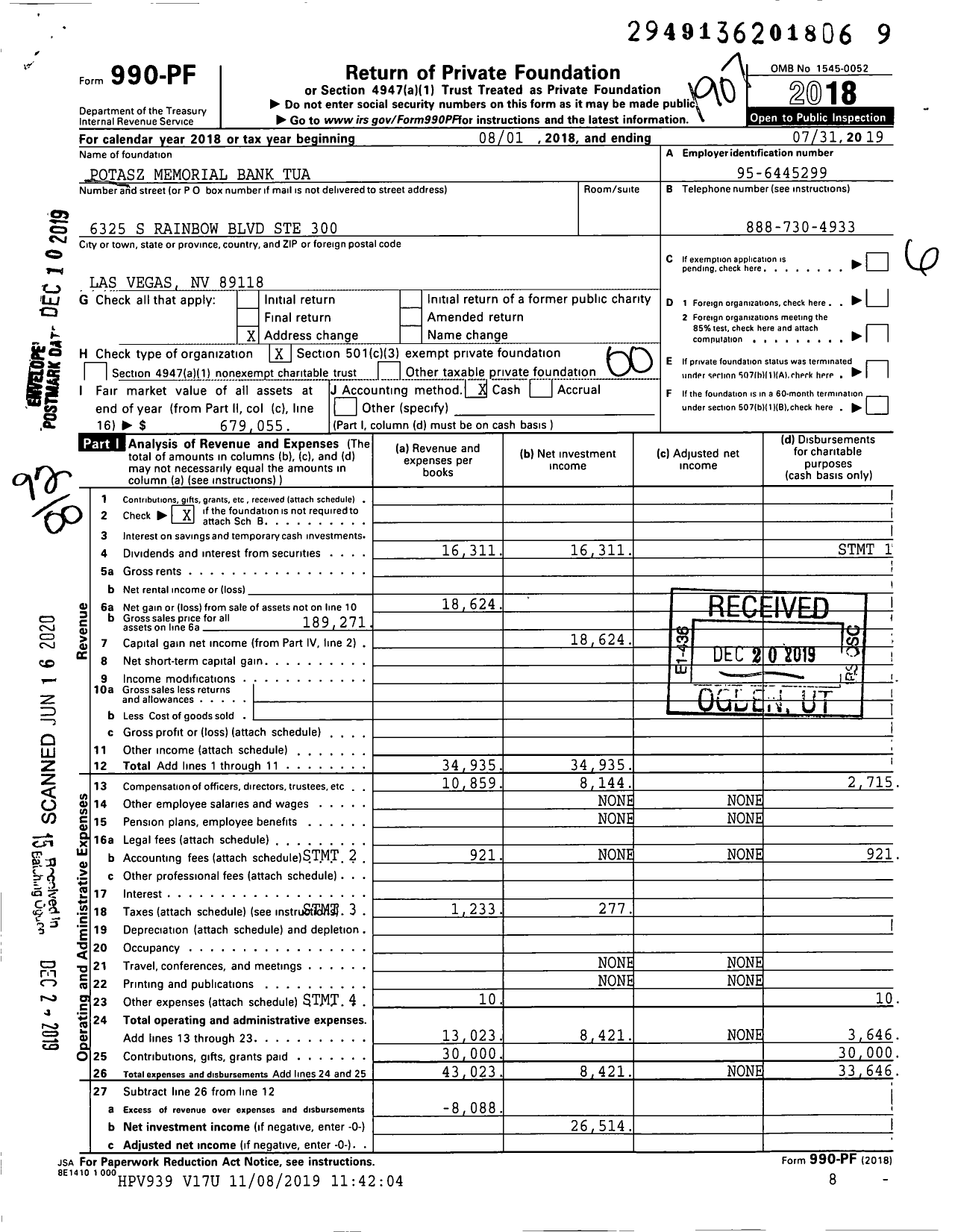 Image of first page of 2018 Form 990PR for Potasz Memorial Bank Tua