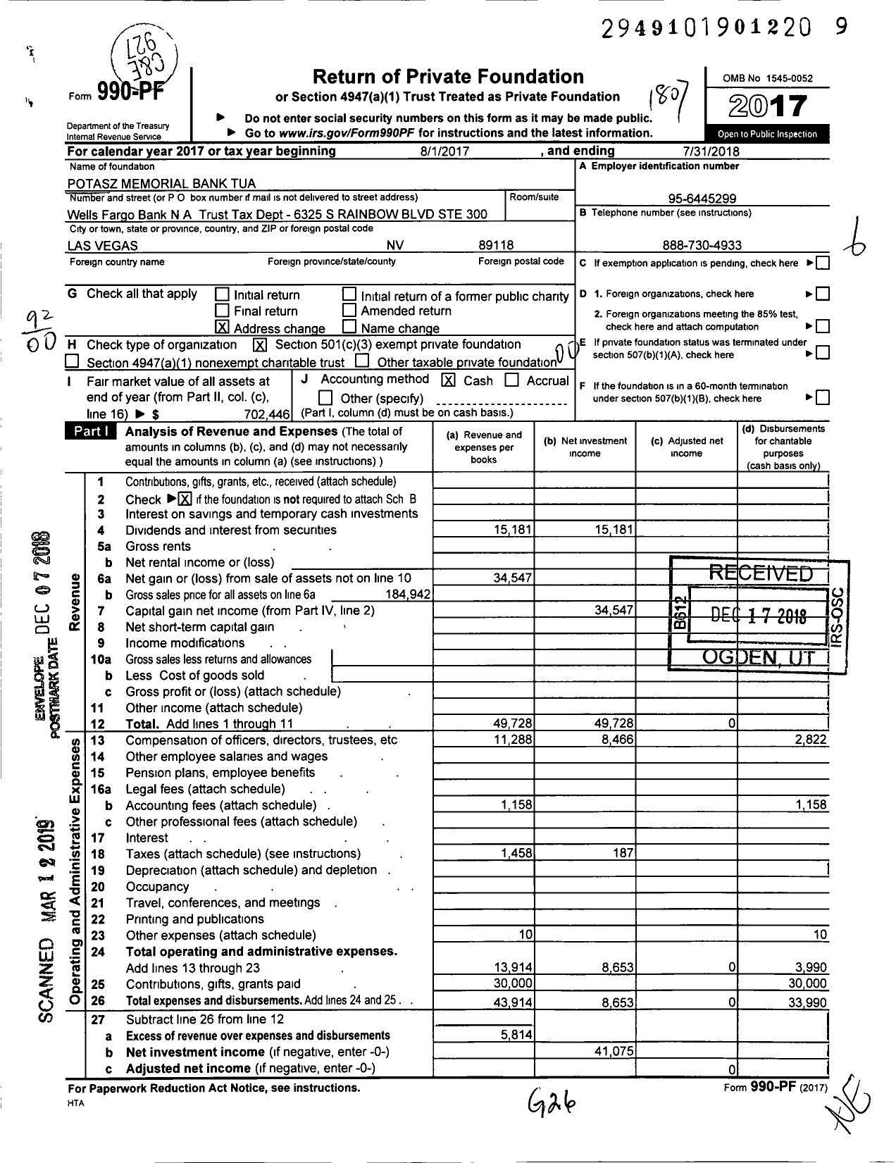 Image of first page of 2017 Form 990PF for Potasz Memorial Bank Tua