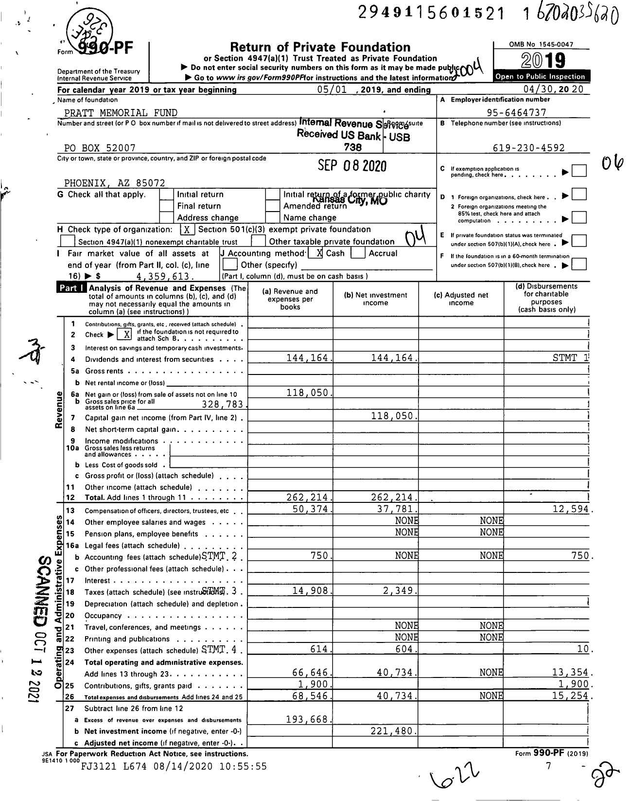 Image of first page of 2019 Form 990PF for Pratt Memorial Fund