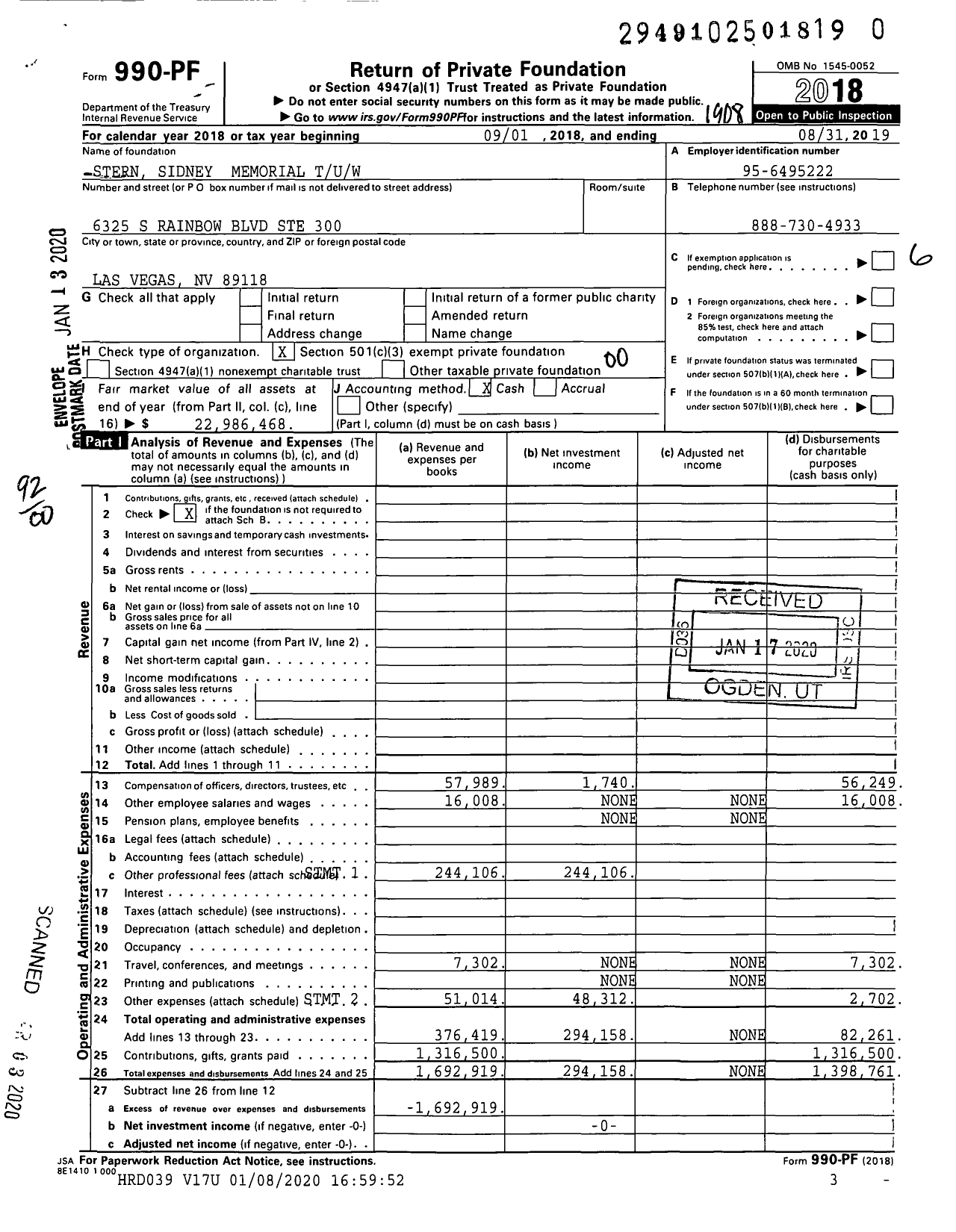 Image of first page of 2018 Form 990PR for Stern Sidney Memorial Tuw