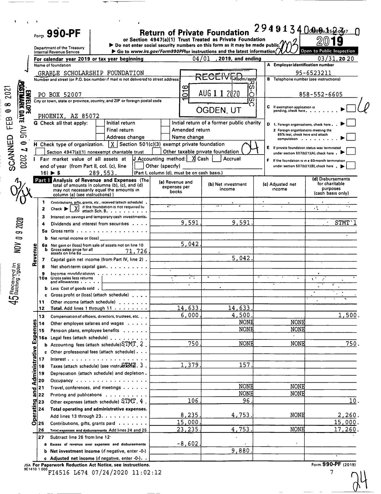 Image of first page of 2019 Form 990PF for Grable Scholarship Foundation