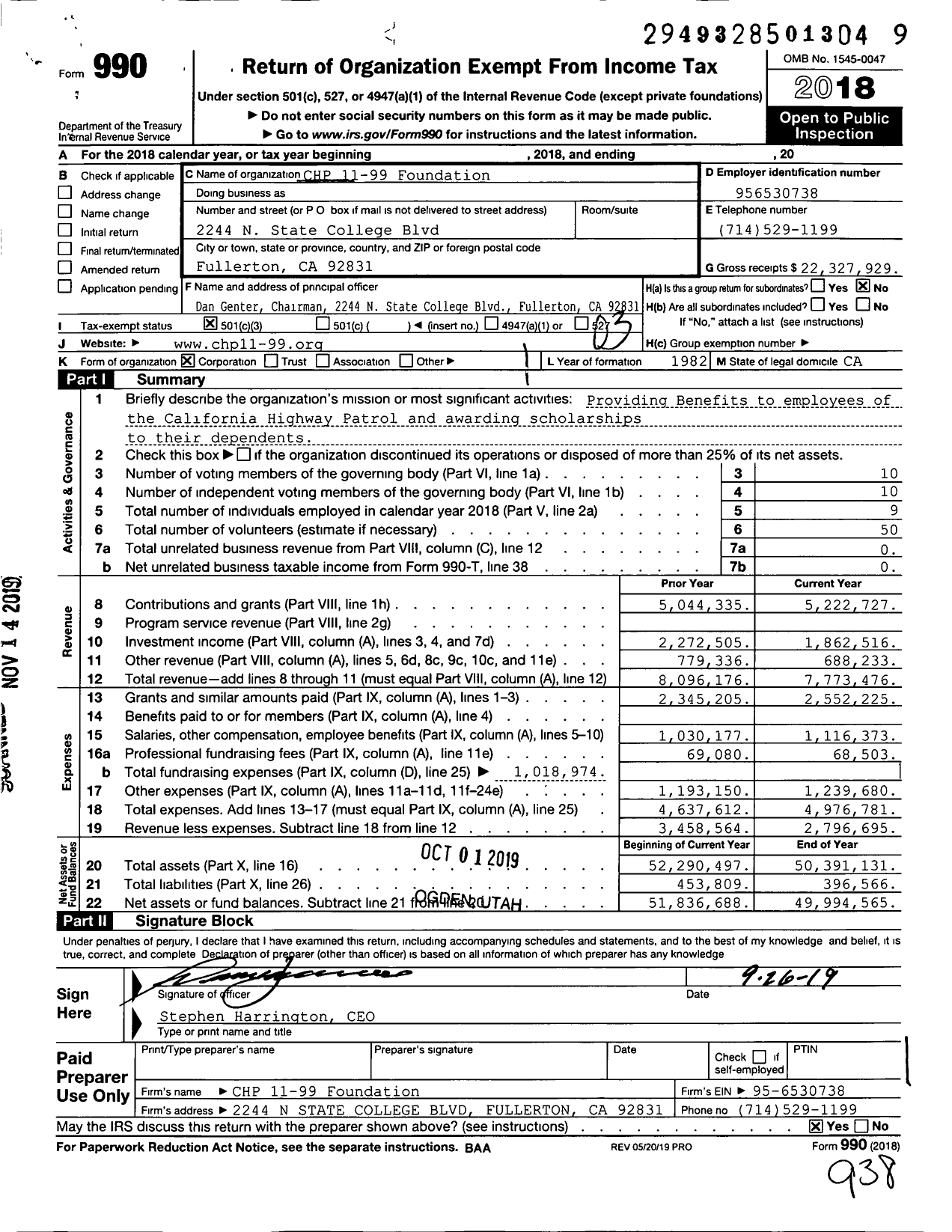 Image of first page of 2018 Form 990 for California Hwy Patrol 11-99 Fndt (CHP)