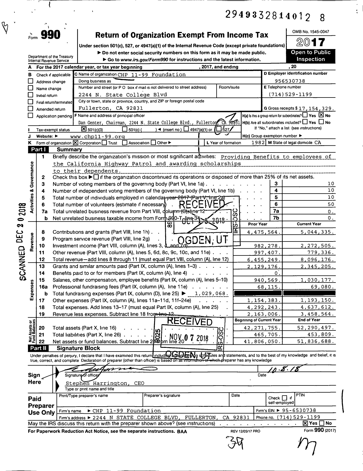 Image of first page of 2017 Form 990 for California Hwy Patrol 11-99 Fndt (CHP)