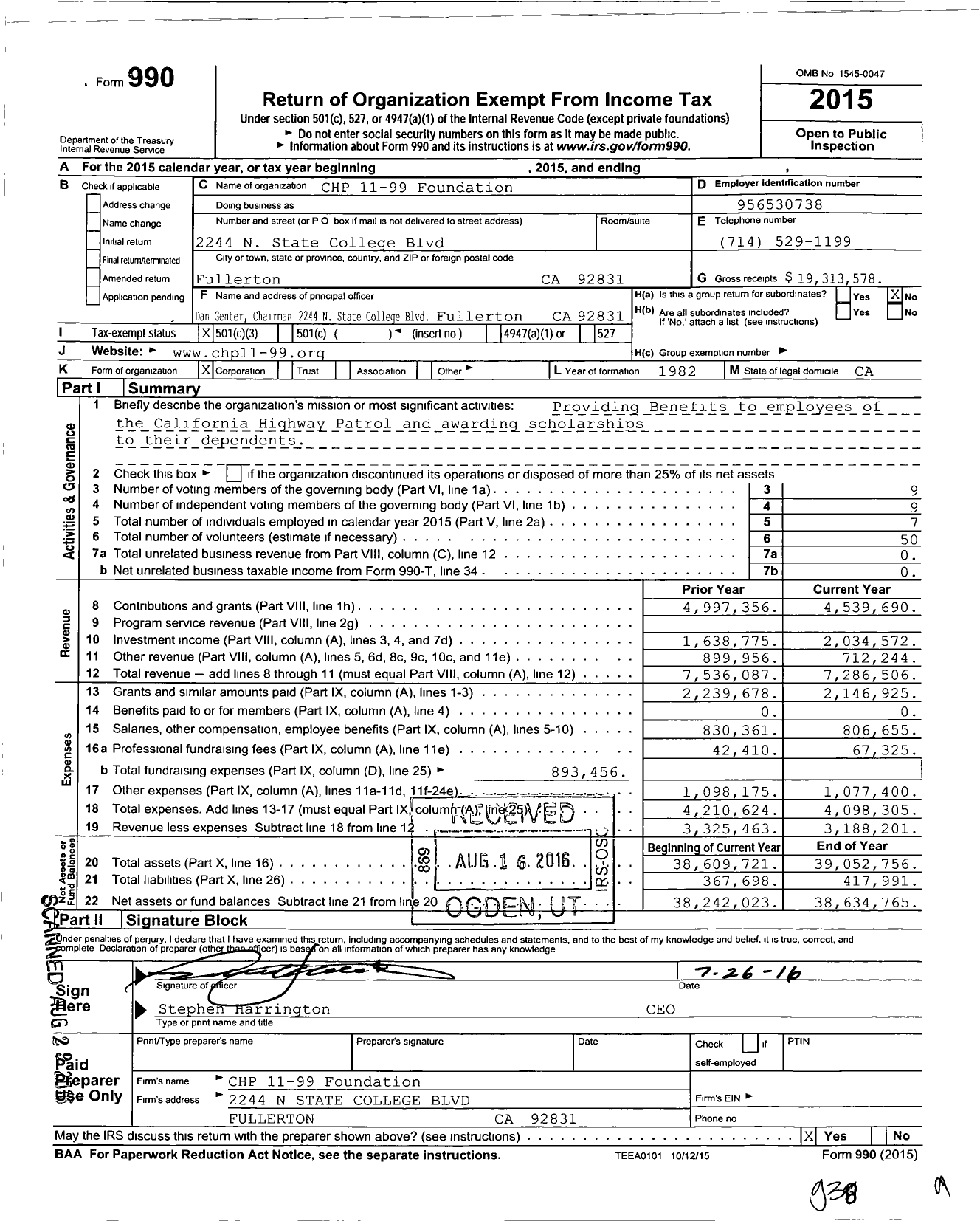 Image of first page of 2015 Form 990 for California Hwy Patrol 11-99 Fndt (CHP)