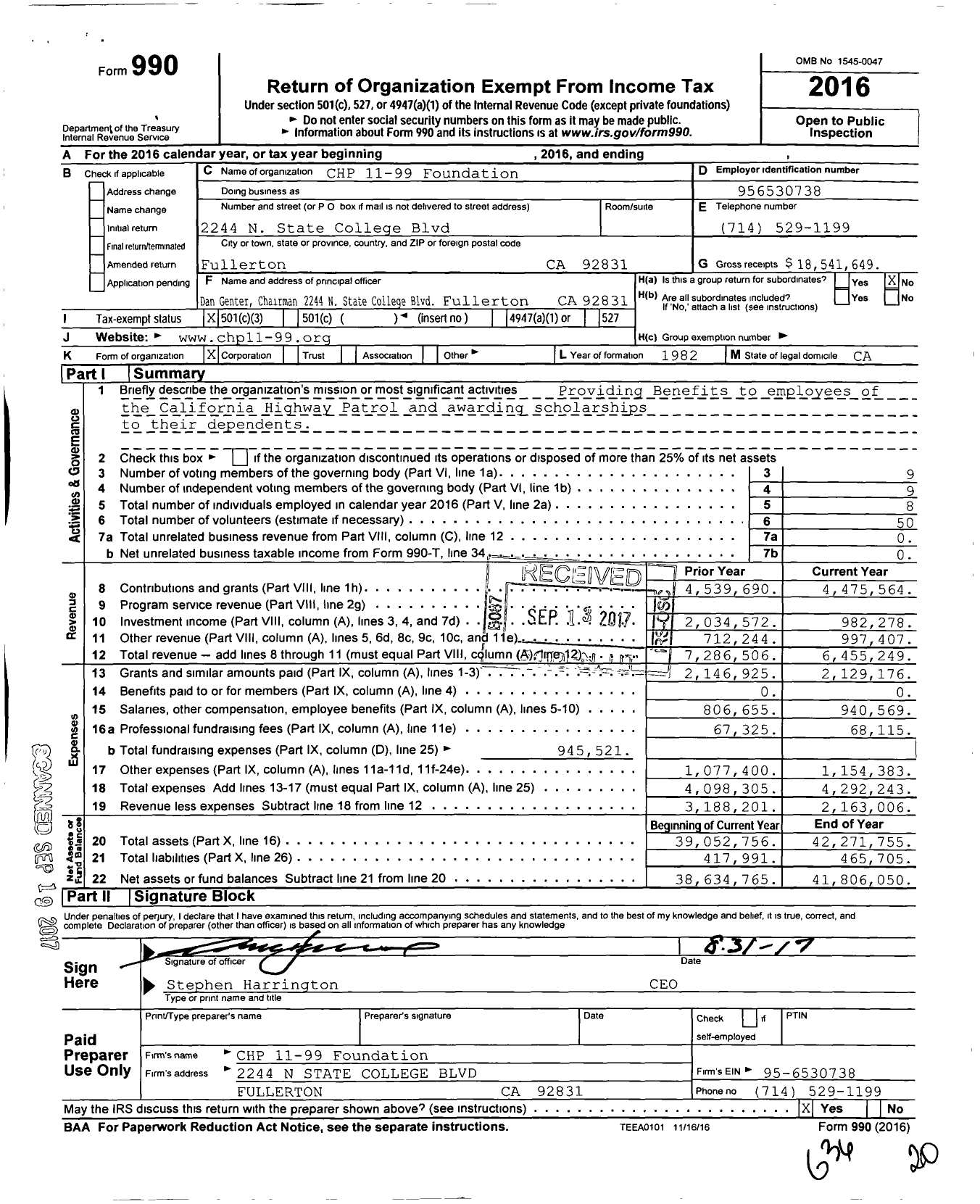 Image of first page of 2016 Form 990 for California Hwy Patrol 11-99 Fndt (CHP)
