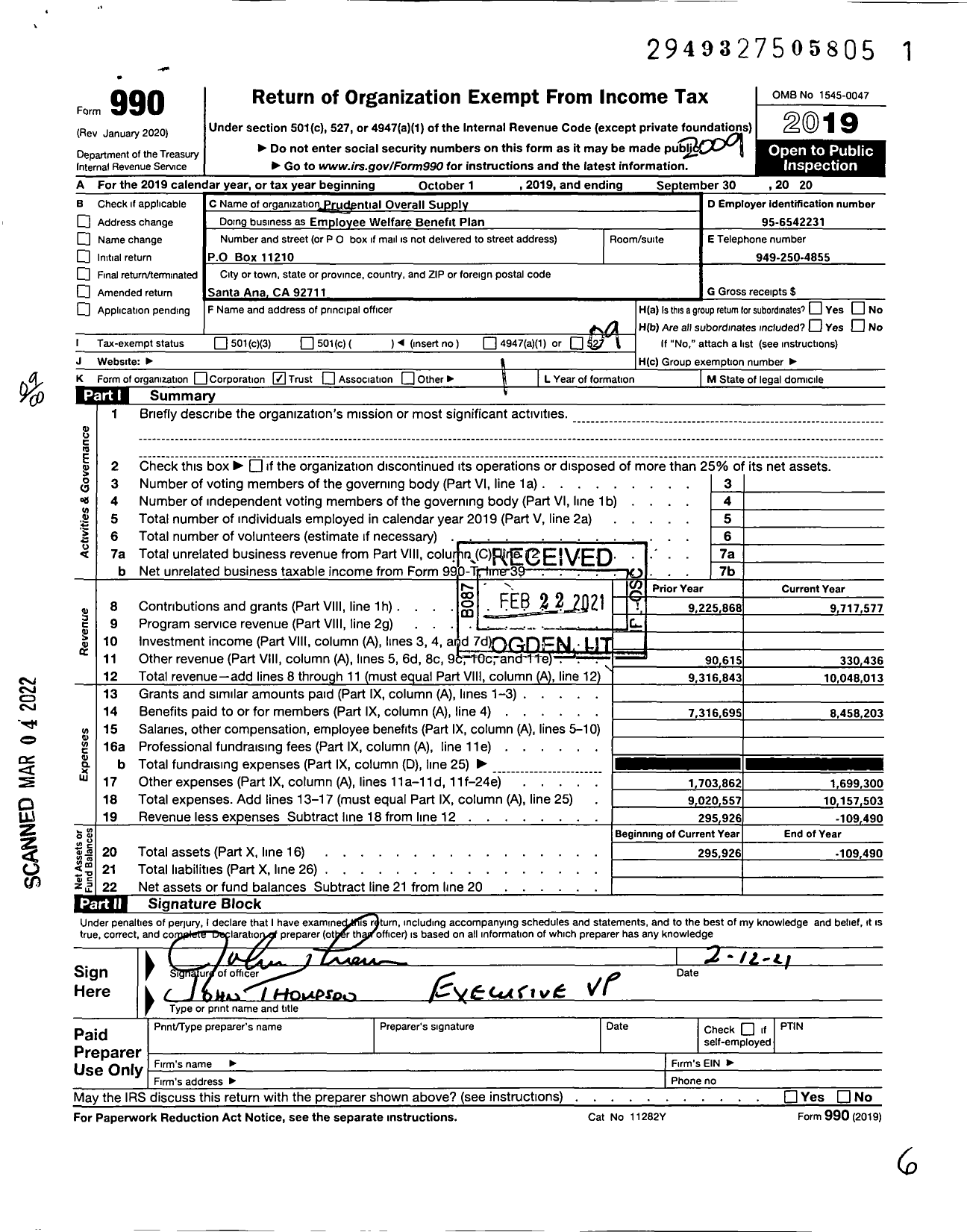 Image of first page of 2019 Form 990O for Prudential Overall Supply Employee Welfare Benefit Plan