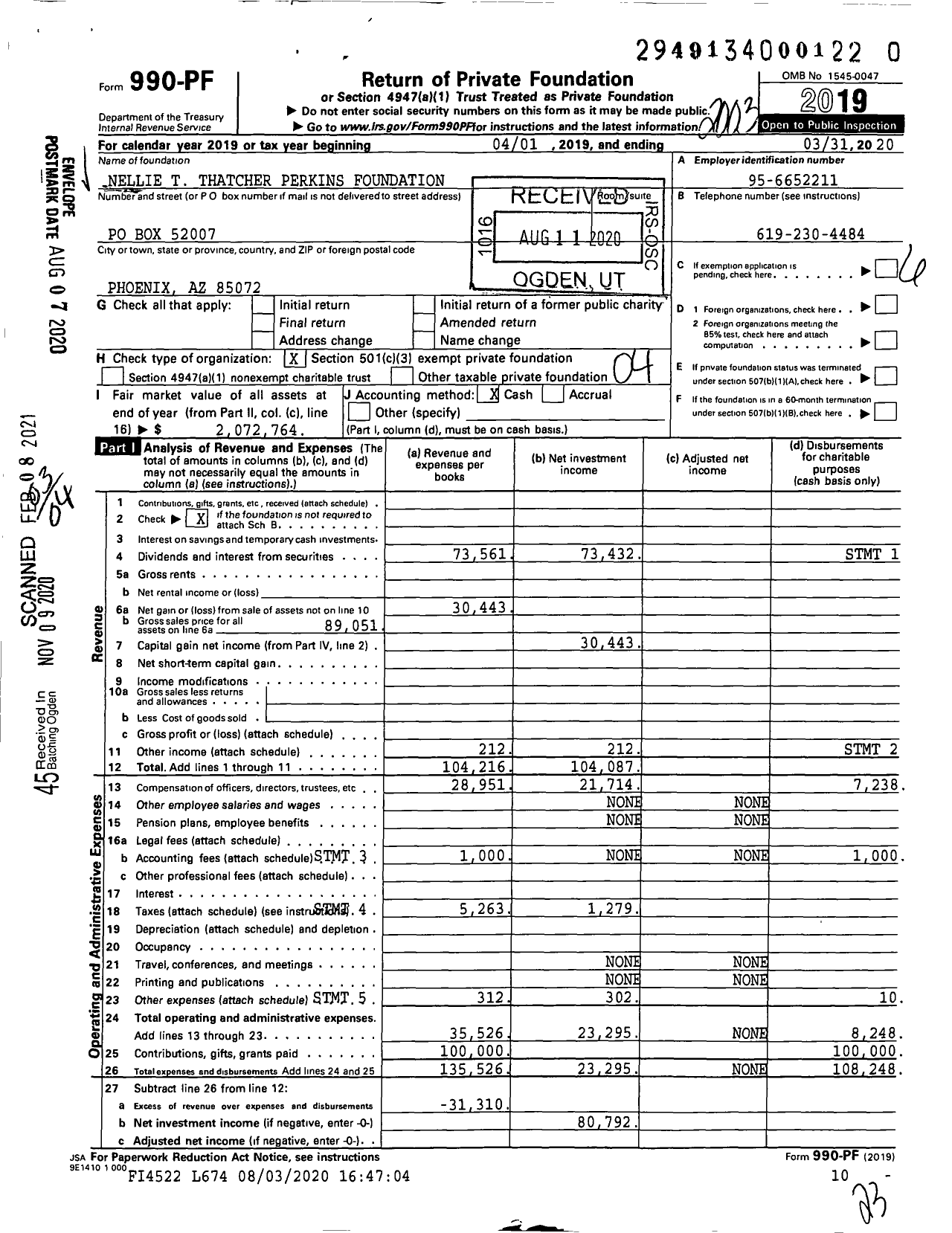 Image of first page of 2019 Form 990PF for Nellie T Thatcher Perkins Foundation