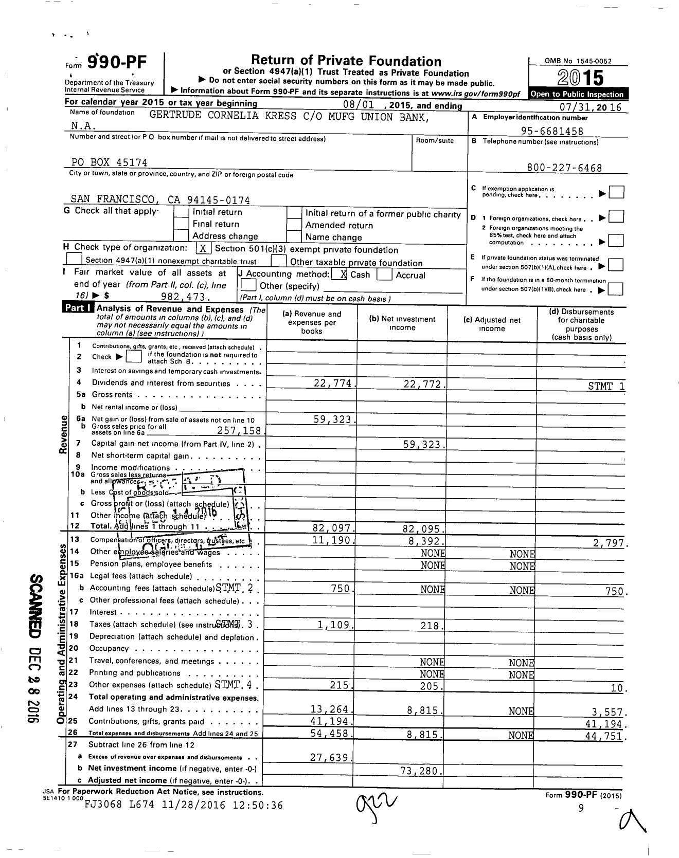 Image of first page of 2015 Form 990PF for Gertrude Cornelia Kress Mufg Union Bank