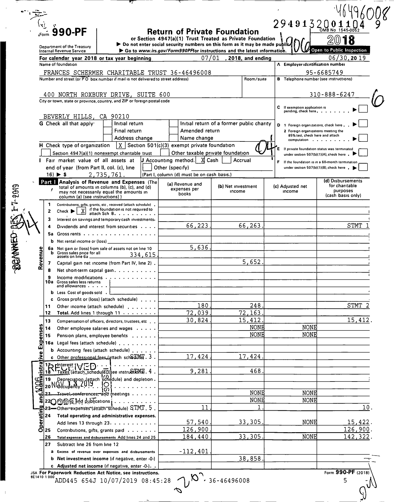 Image of first page of 2018 Form 990PF for Frances Schermer Charitable Trust 41-46496008