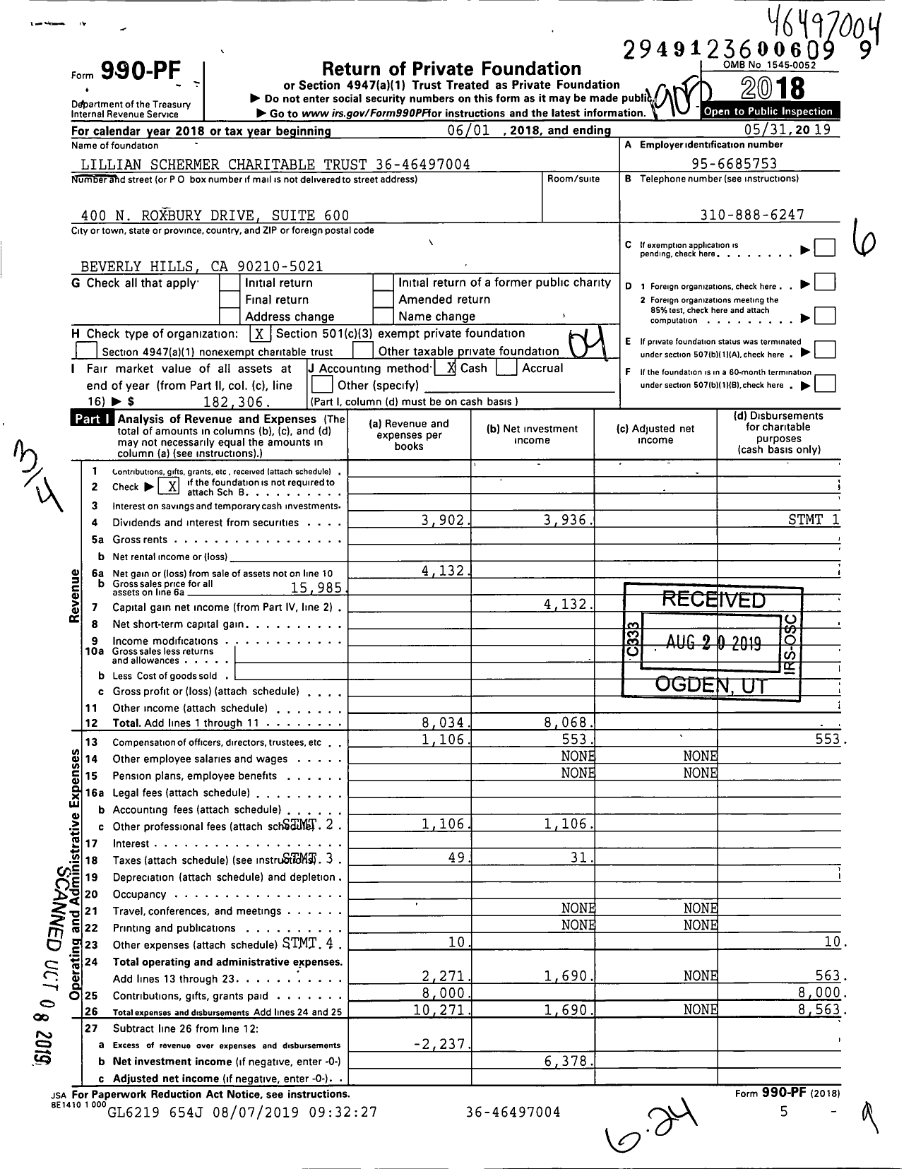 Image of first page of 2018 Form 990PF for LILLIAN SCHERMER CHARitable TRust 41-46497004