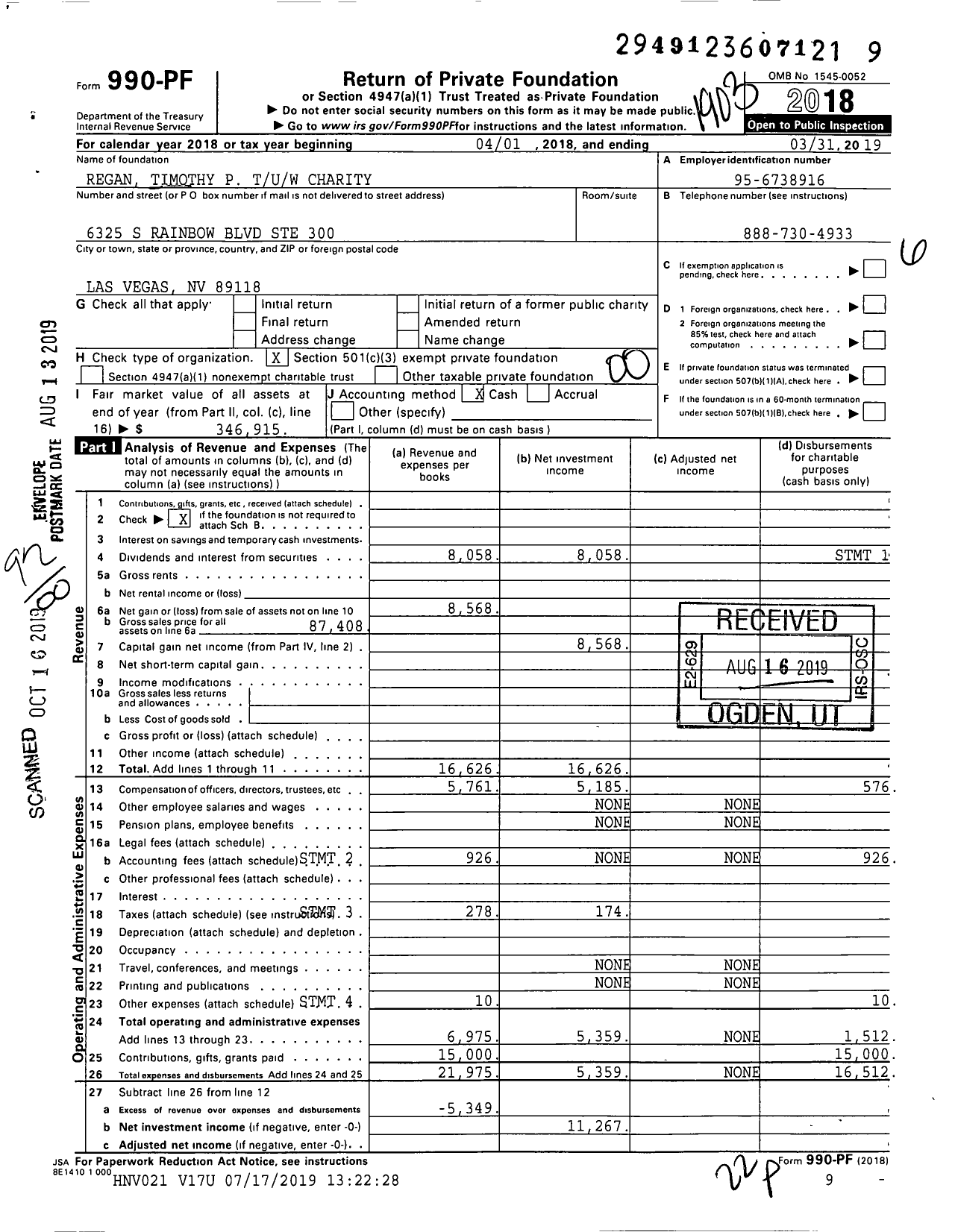 Image of first page of 2018 Form 990PF for Regan Timothy P Tuw Charity