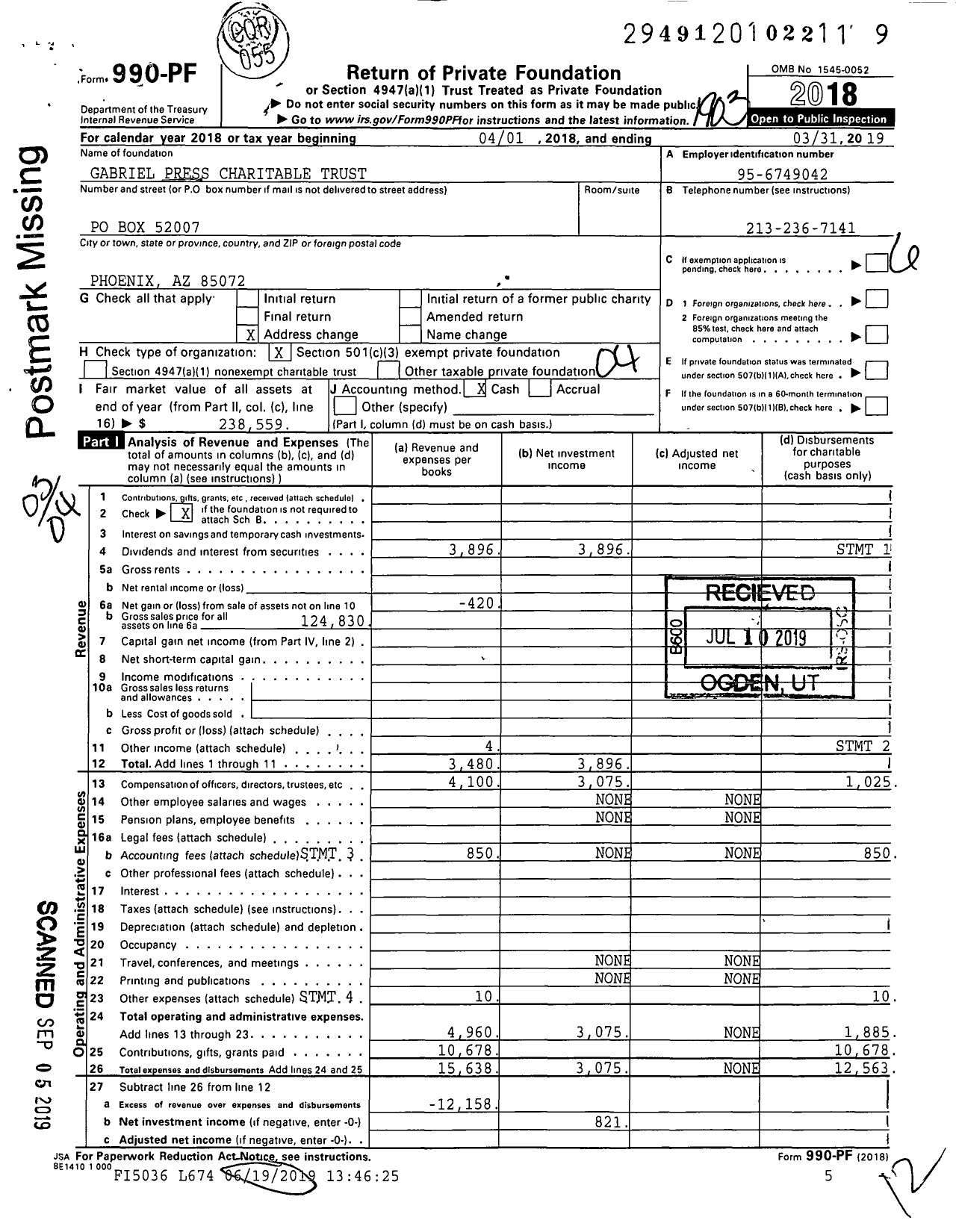 Image of first page of 2018 Form 990PF for Gabriel Press Charitable Trust