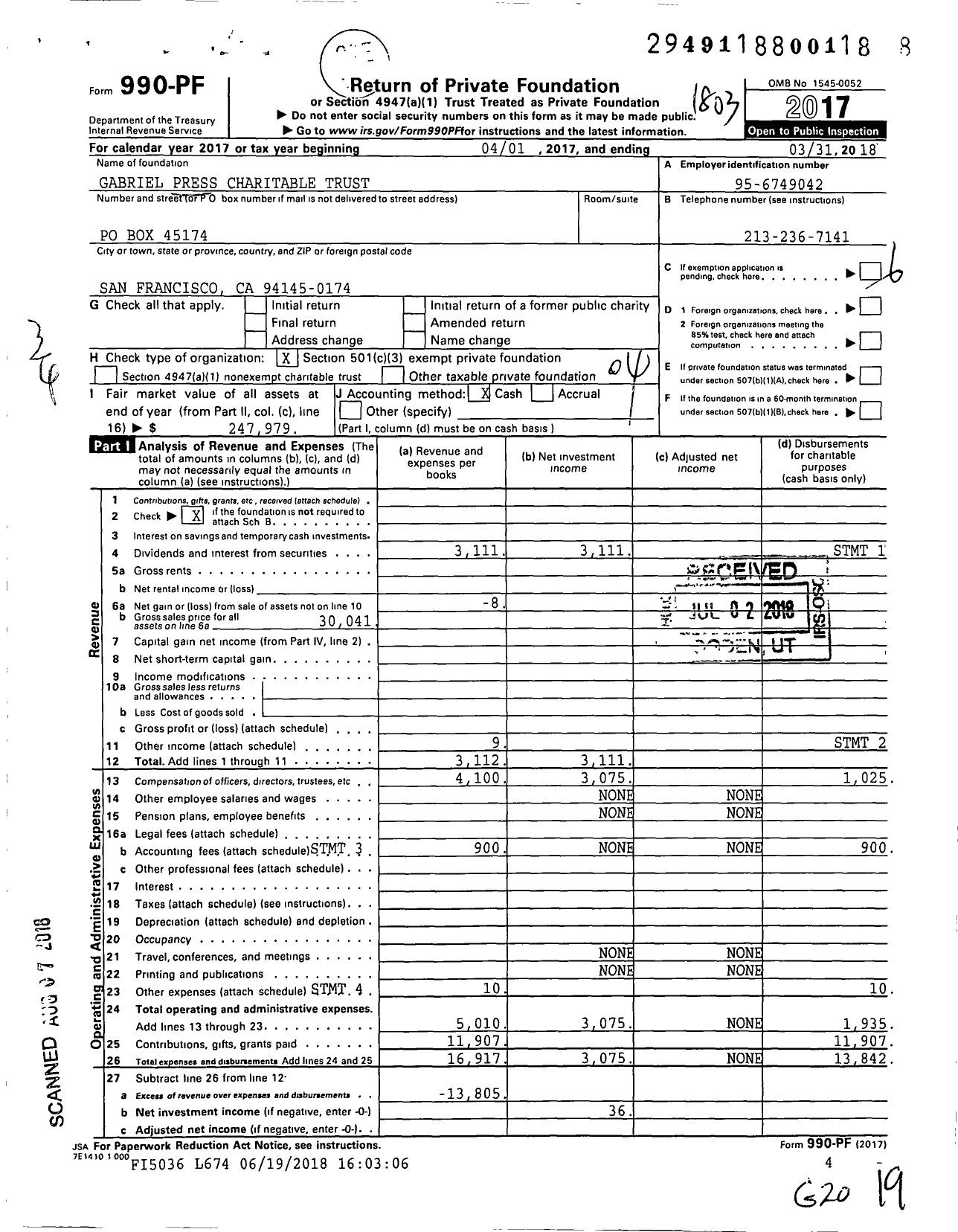 Image of first page of 2017 Form 990PF for Gabriel Press Charitable Trust