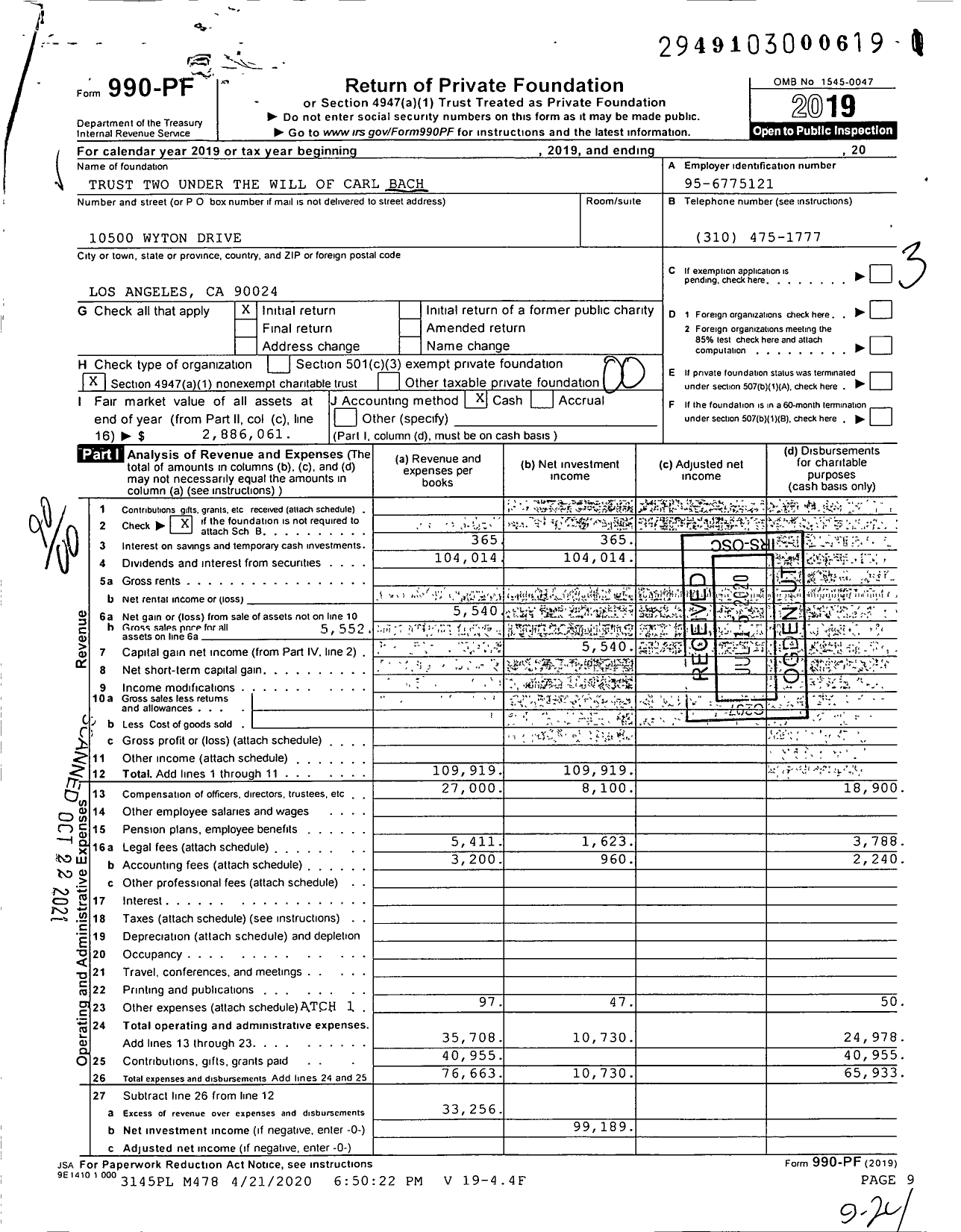 Image of first page of 2019 Form 990PF for Trust Two Under the Will of Carl Bach