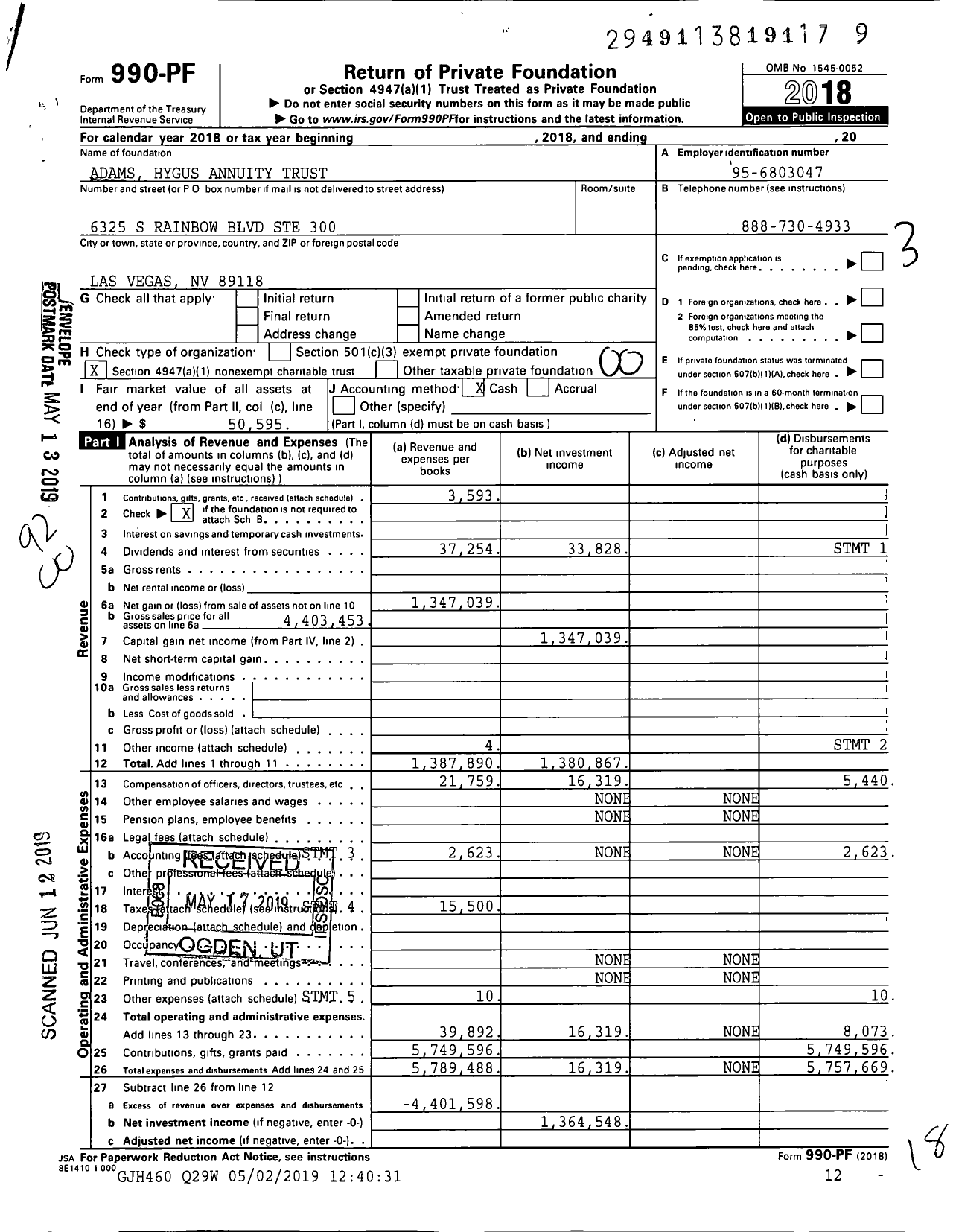 Image of first page of 2018 Form 990PF for Adams Hygus Annuity Trust