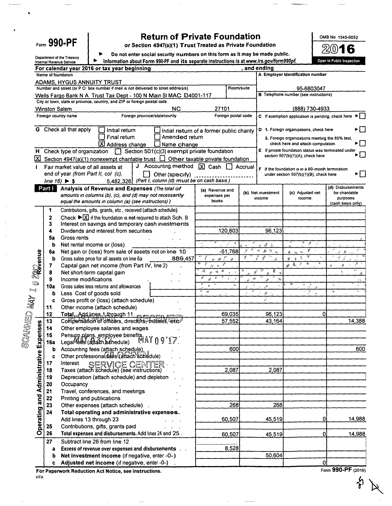 Image of first page of 2016 Form 990PF for Adams Hygus Annuity Trust