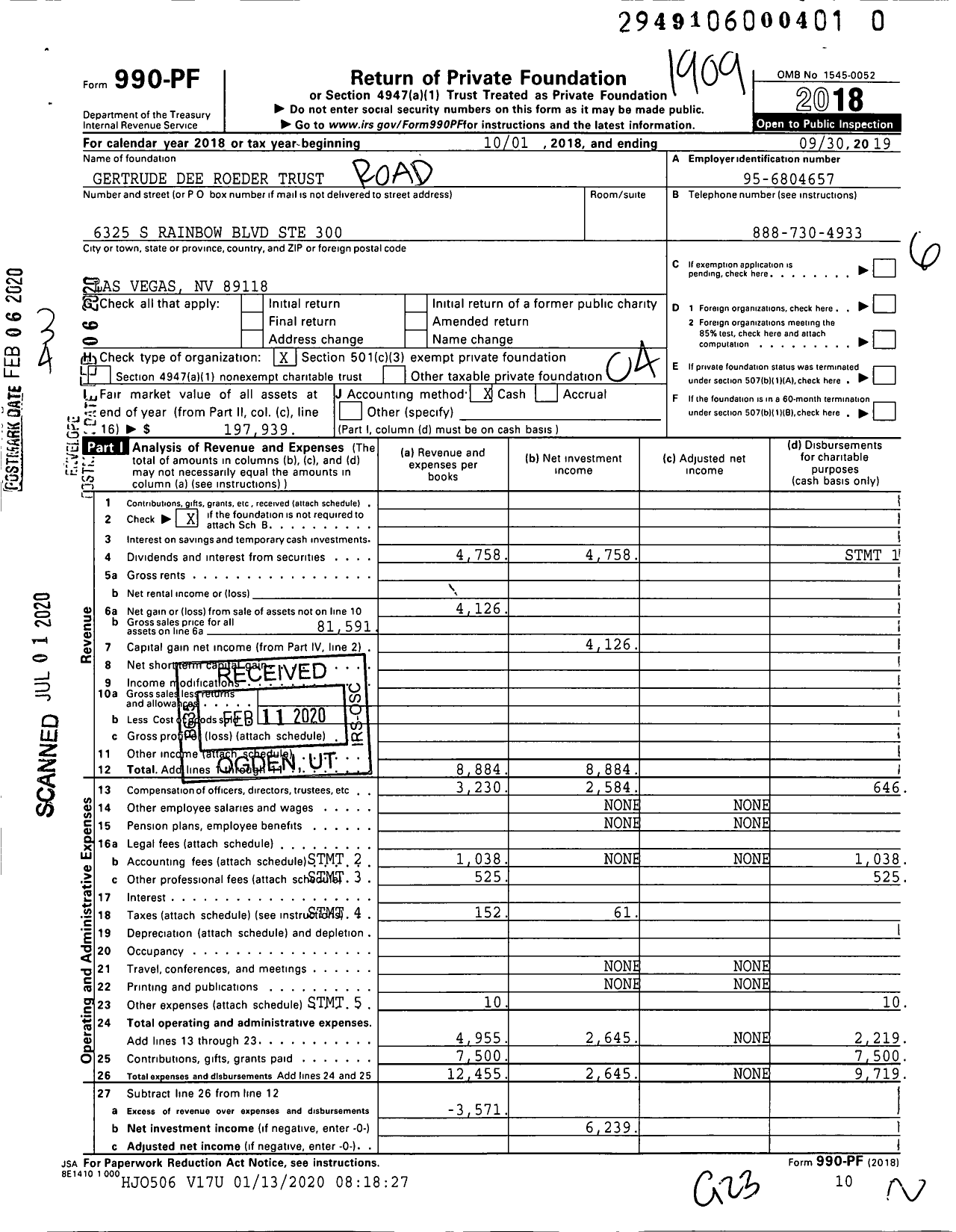 Image of first page of 2018 Form 990PR for Gertrude Dee Roeder Trust