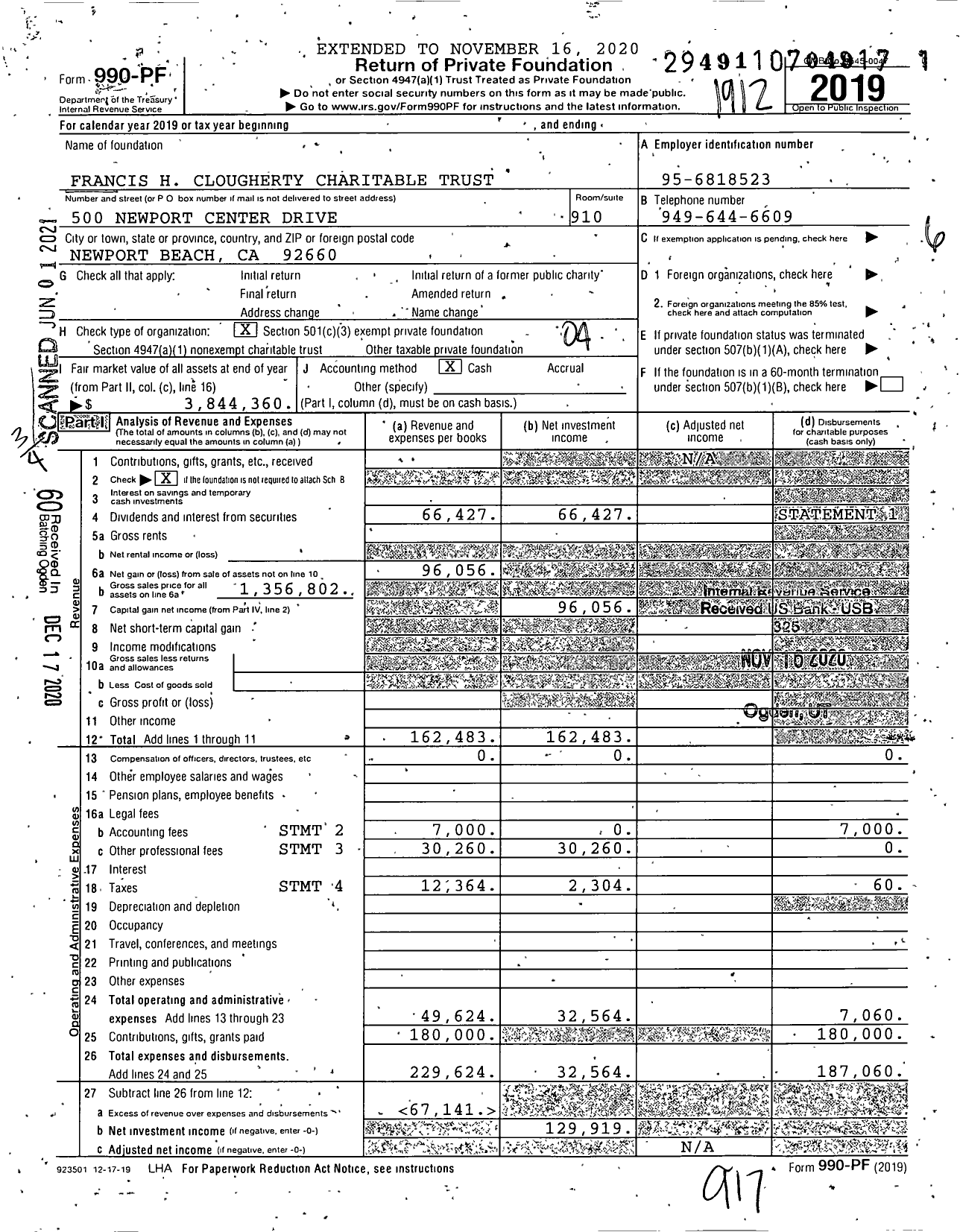 Image of first page of 2019 Form 990PF for Francis H Clougherty Charitable Trust