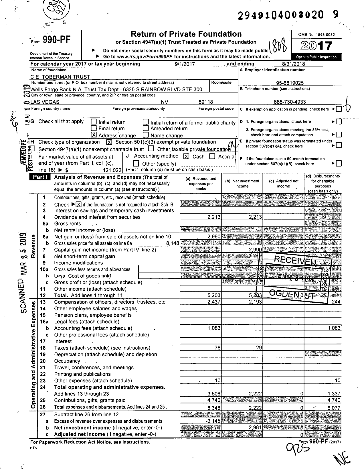 Image of first page of 2017 Form 990PF for Ce Toberman Trust