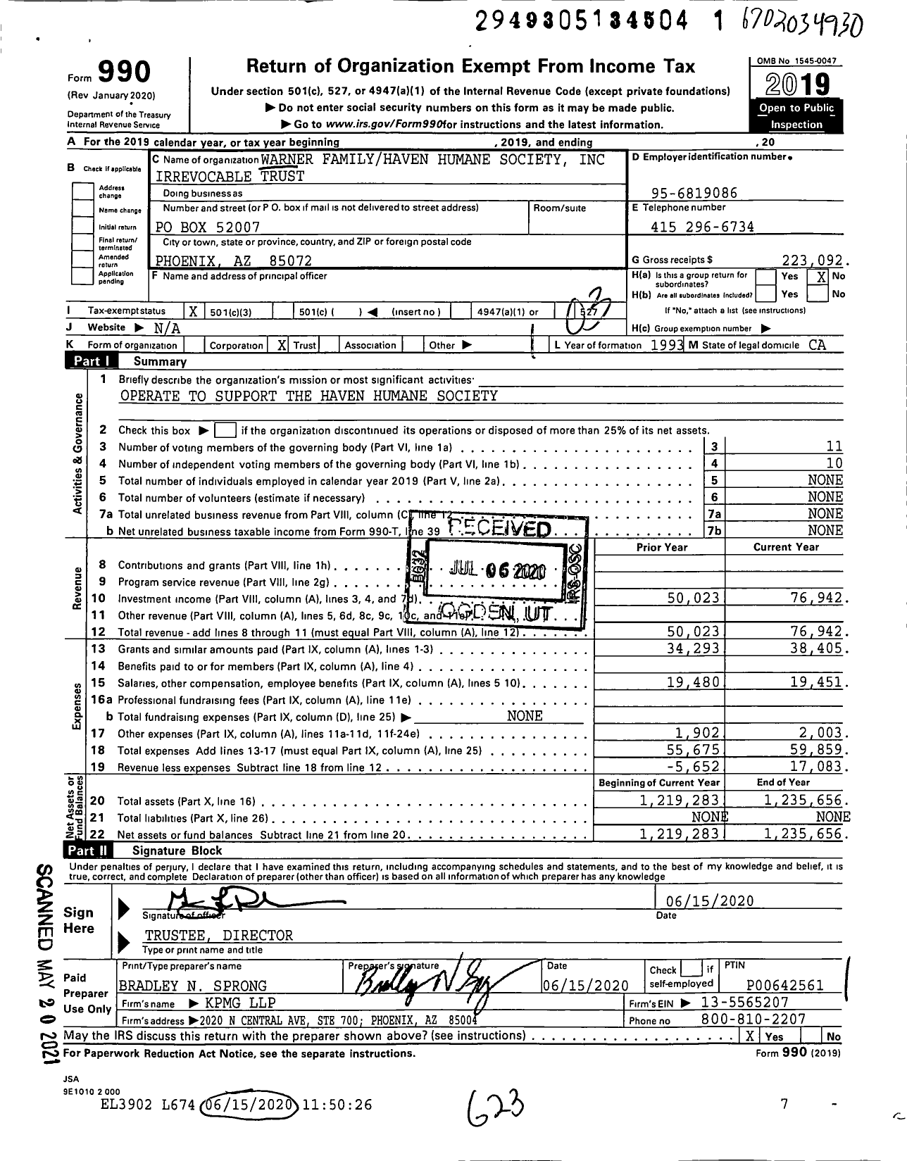 Image of first page of 2019 Form 990 for Warner Familyhaven Humane Society