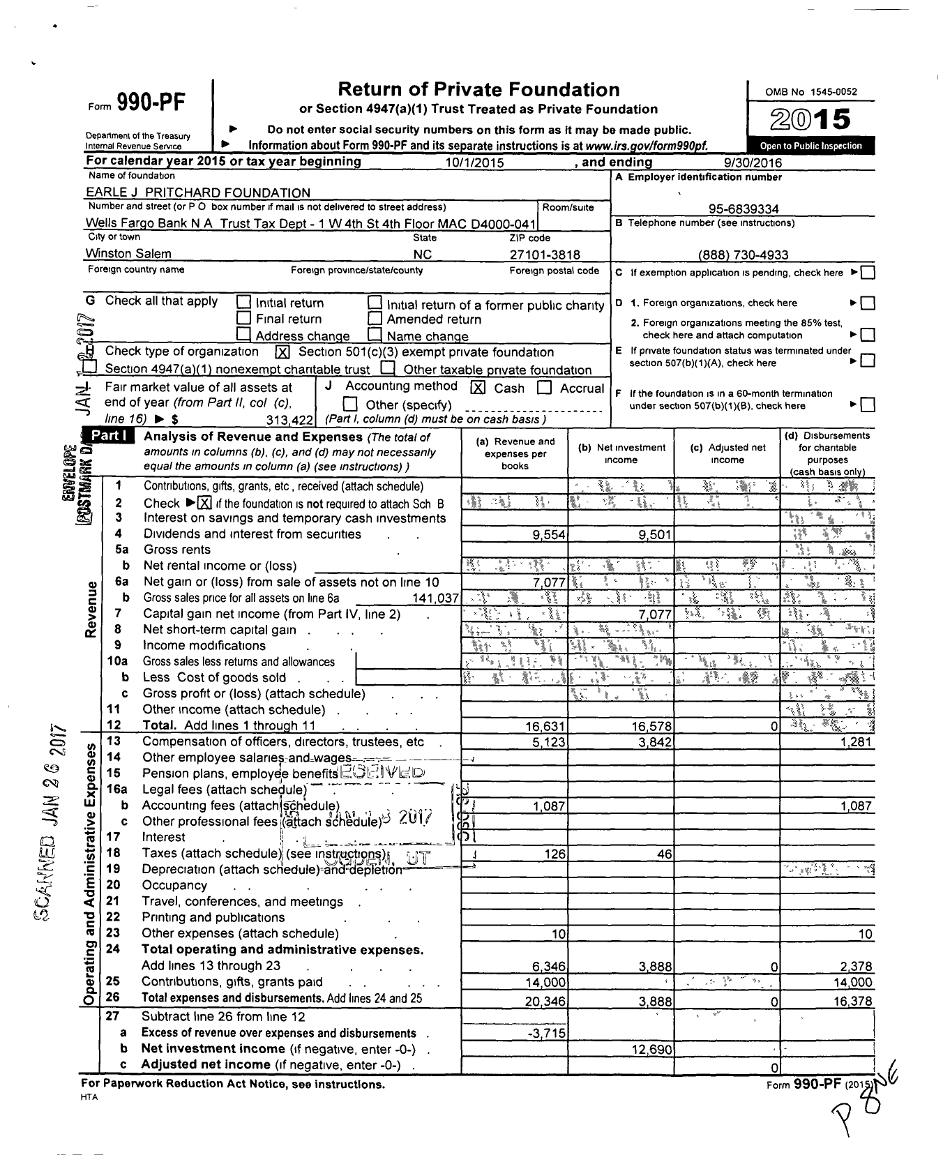 Image of first page of 2015 Form 990PF for Earle J Pritchard Foundation