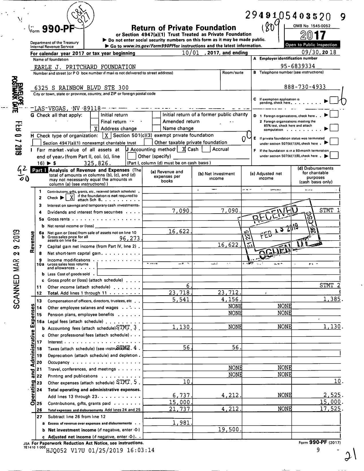 Image of first page of 2017 Form 990PF for Earle J Pritchard Foundation