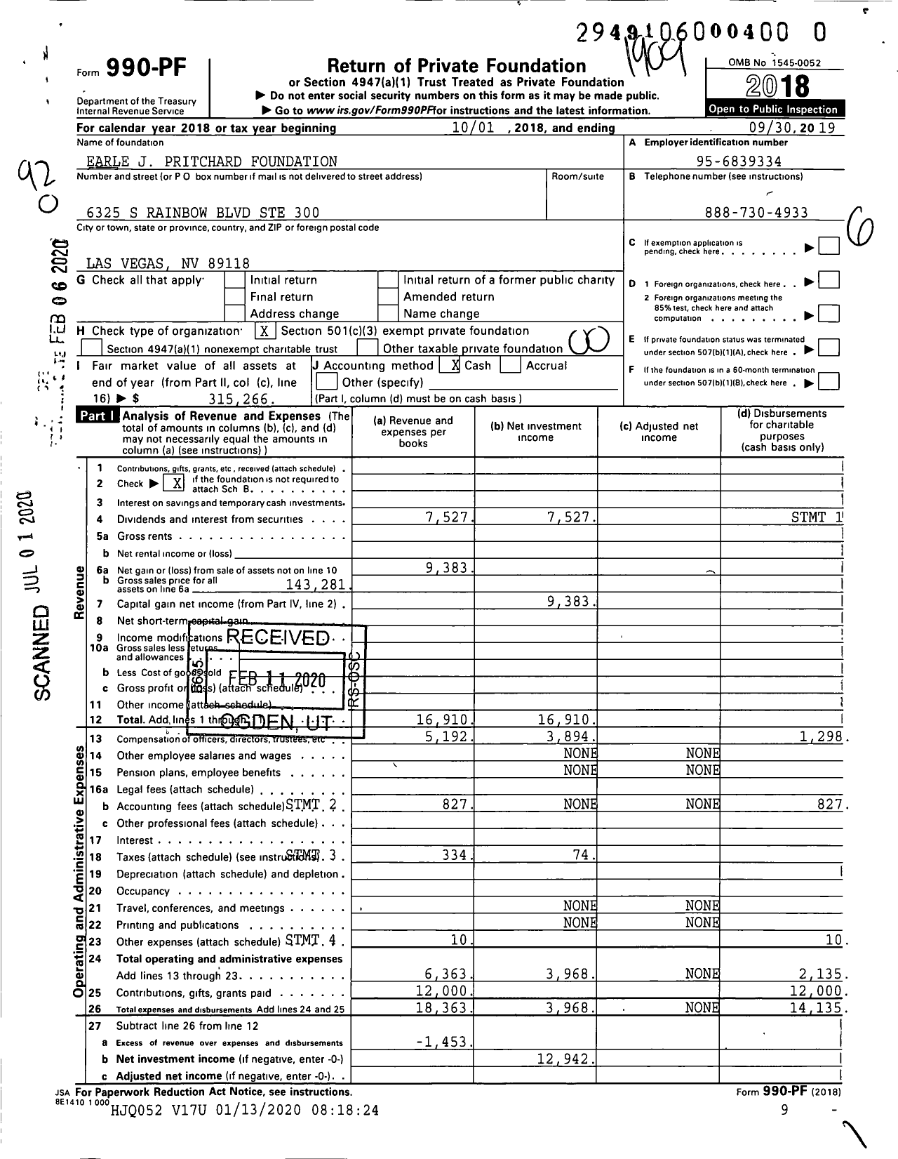 Image of first page of 2018 Form 990PR for Earle J Pritchard Foundation