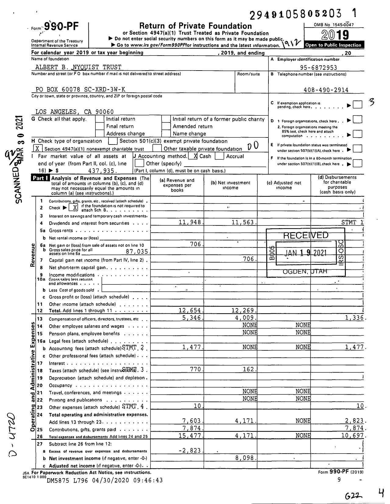 Image of first page of 2019 Form 990PF for Albert B Nyquist Trust