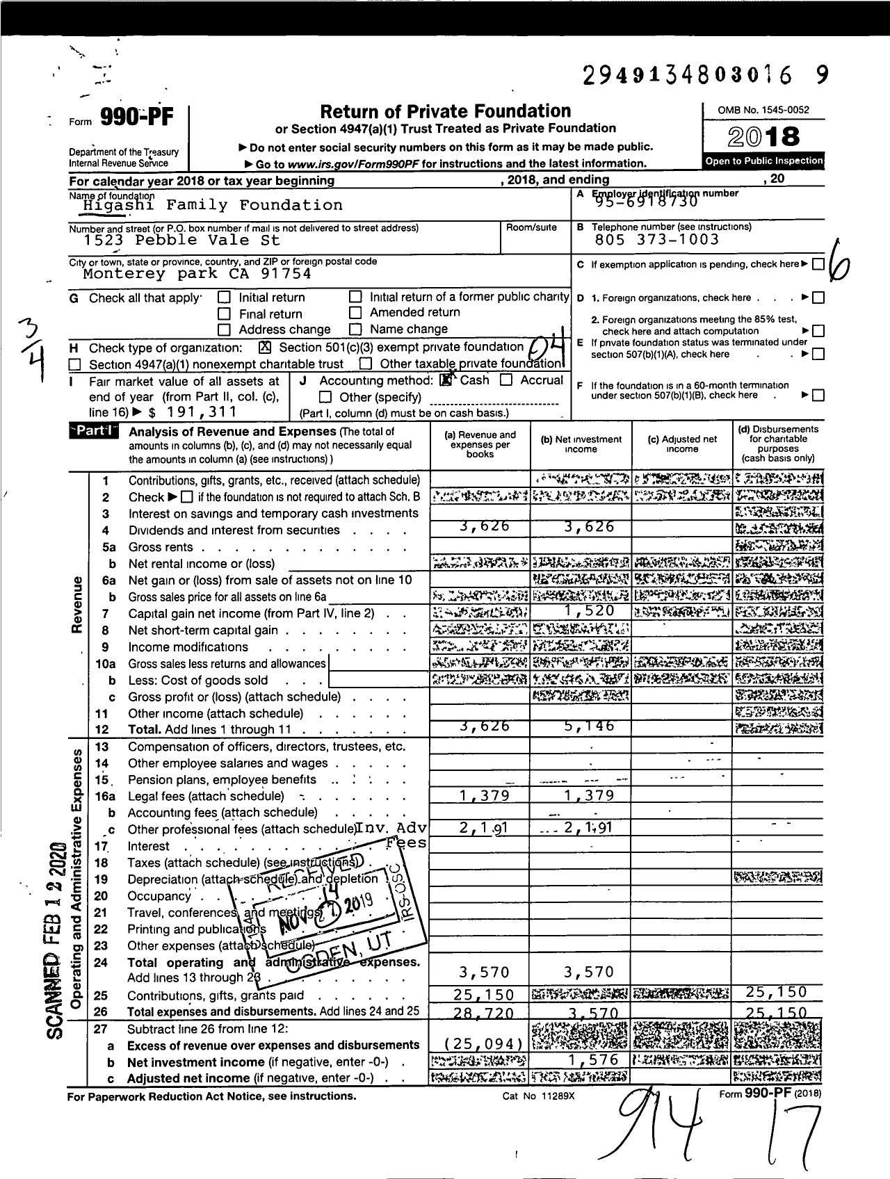 Image of first page of 2018 Form 990PF for Higashi Family Foundation