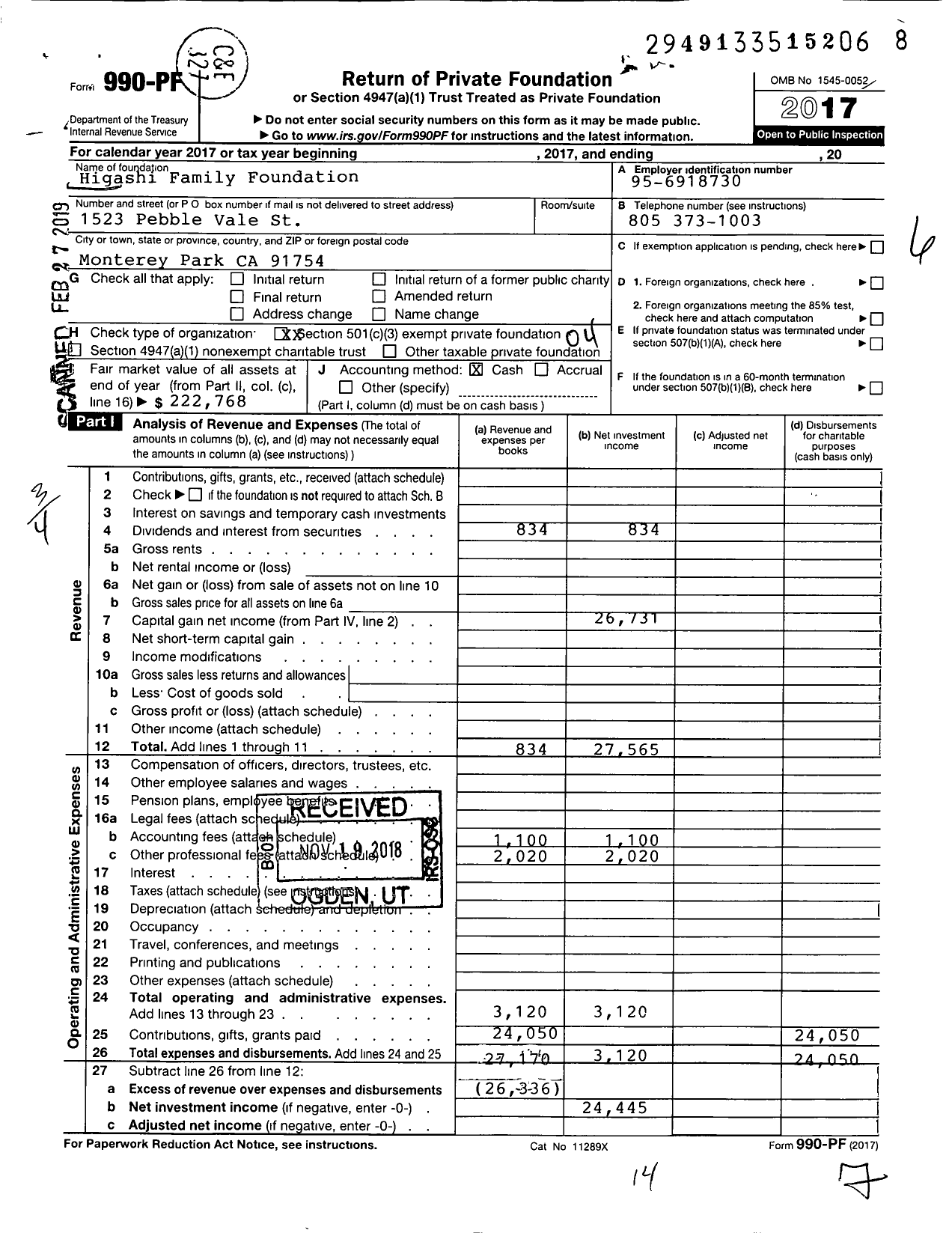 Image of first page of 2017 Form 990PF for Higashi Family Foundation