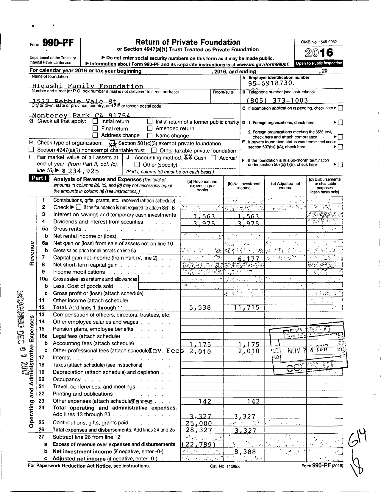Image of first page of 2016 Form 990PF for Higashi Family Foundation