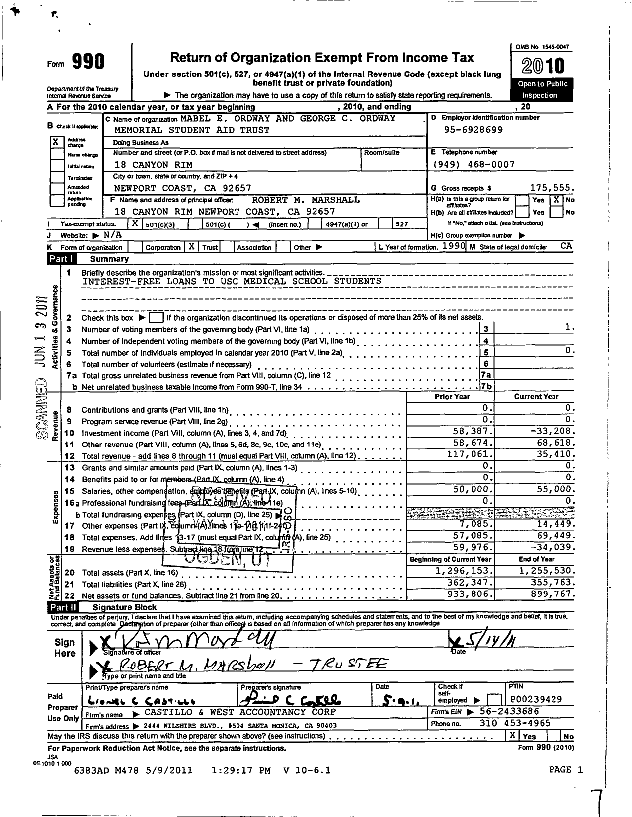 Image of first page of 2010 Form 990 for Mabel E Ordway and George C Ordway Memorial Student Aid Trust