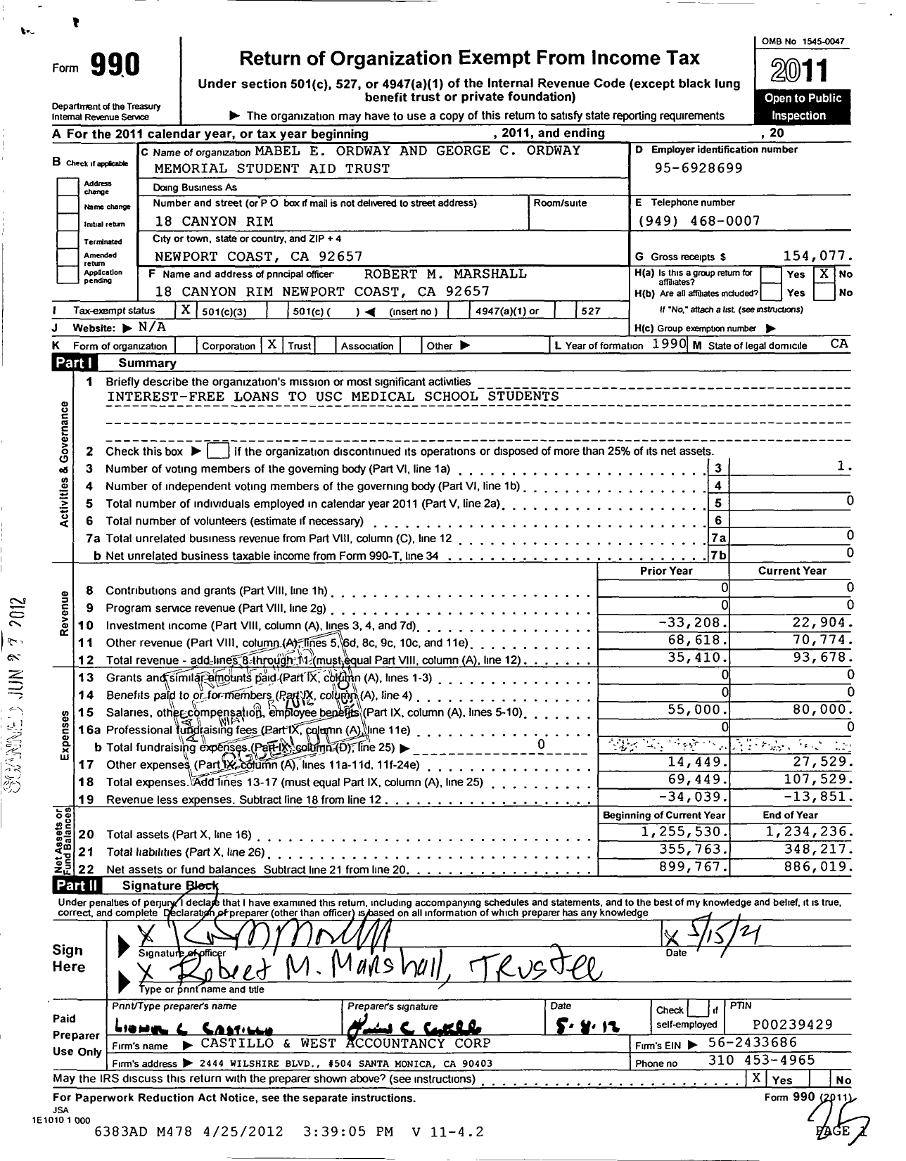 Image of first page of 2011 Form 990 for Mabel E Ordway and George C Ordway Memorial Student Aid Trust