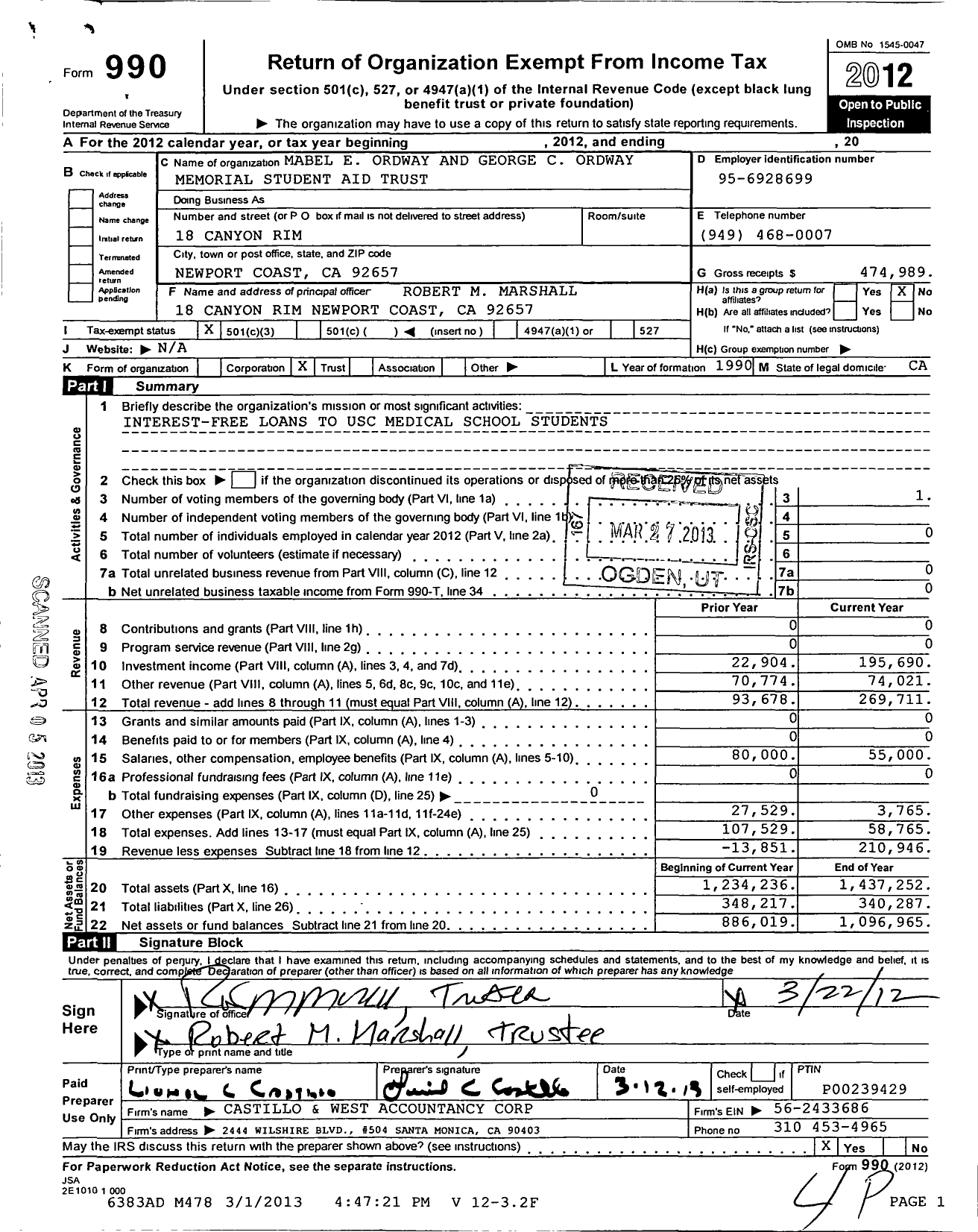 Image of first page of 2012 Form 990 for Mabel E Ordway and George C Ordway Memorial Student Aid Trust