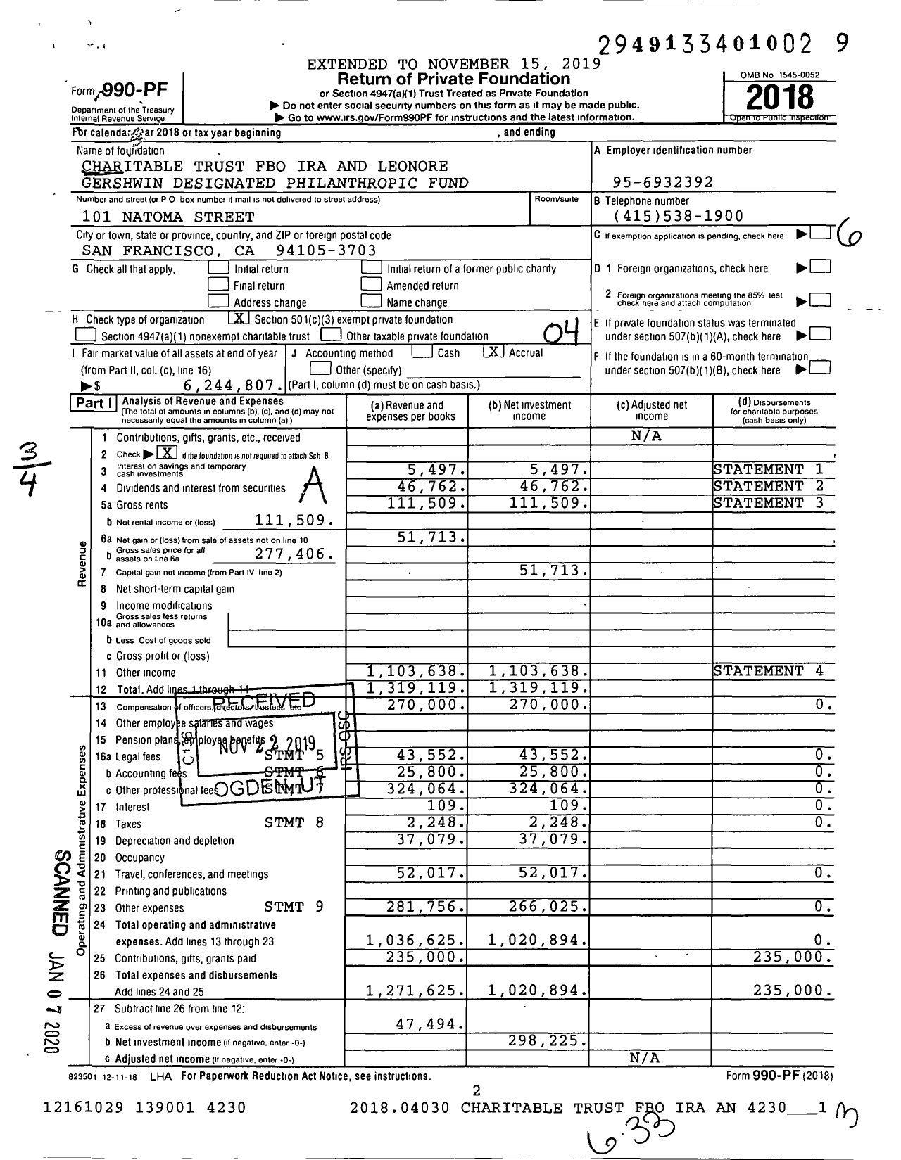 Image of first page of 2018 Form 990PF for Charitable Trust FBO Ira and Leonore Gershwin Designated Philanthropic Fund