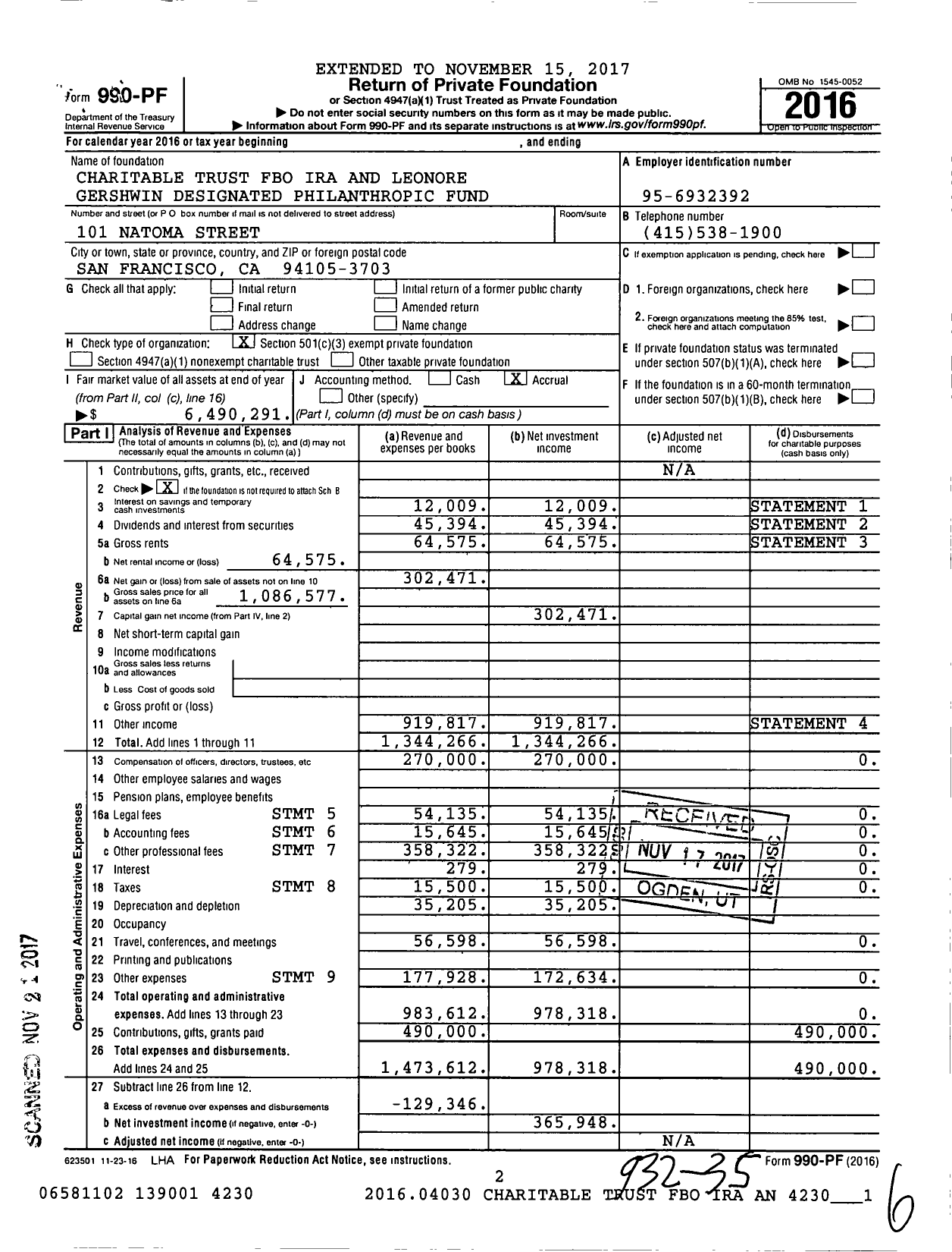 Image of first page of 2016 Form 990PF for Charitable Trust FBO Ira and Leonore Gershwin Designated Philanthropic Fund