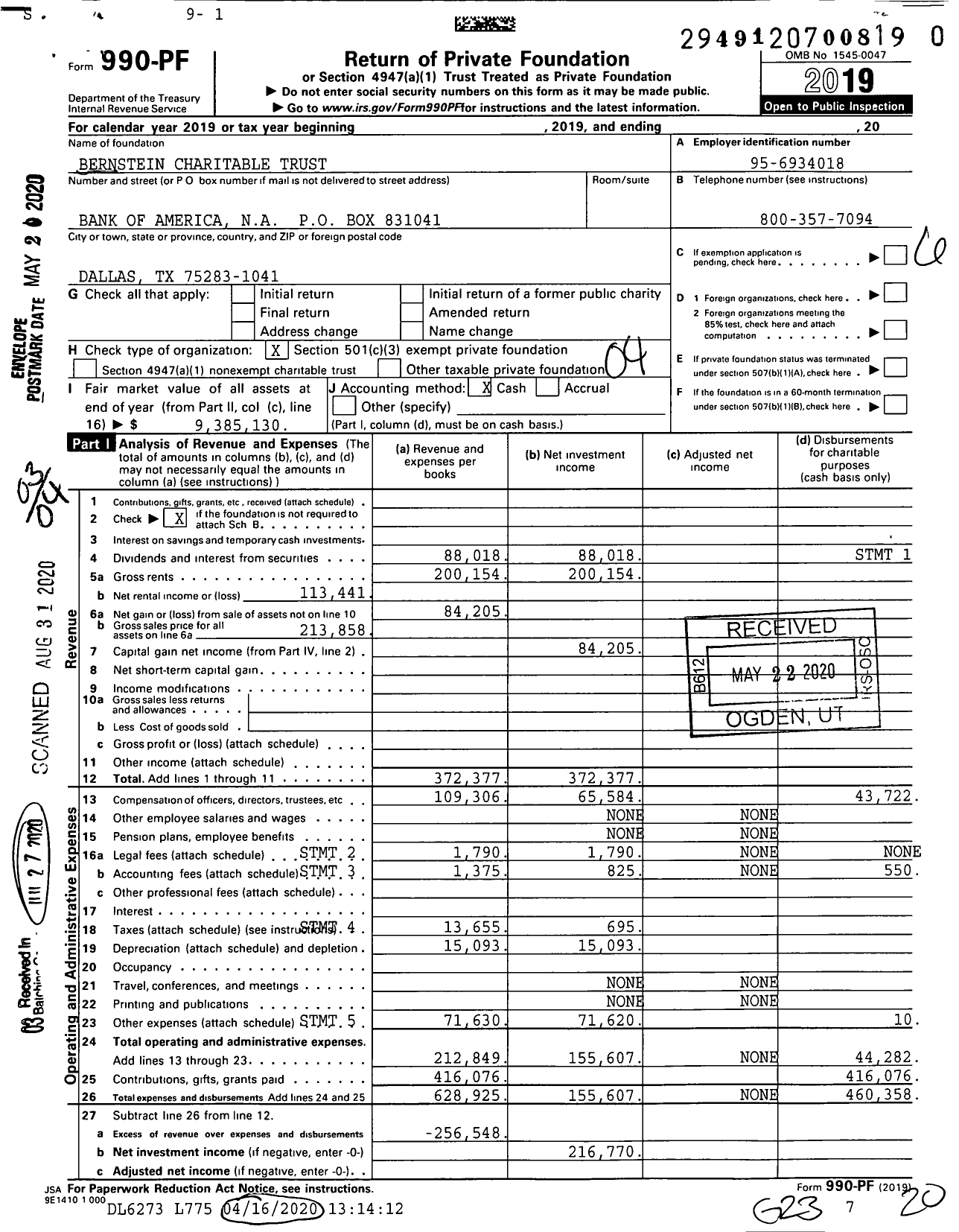 Image of first page of 2019 Form 990PR for Bernstein Charitable Trust