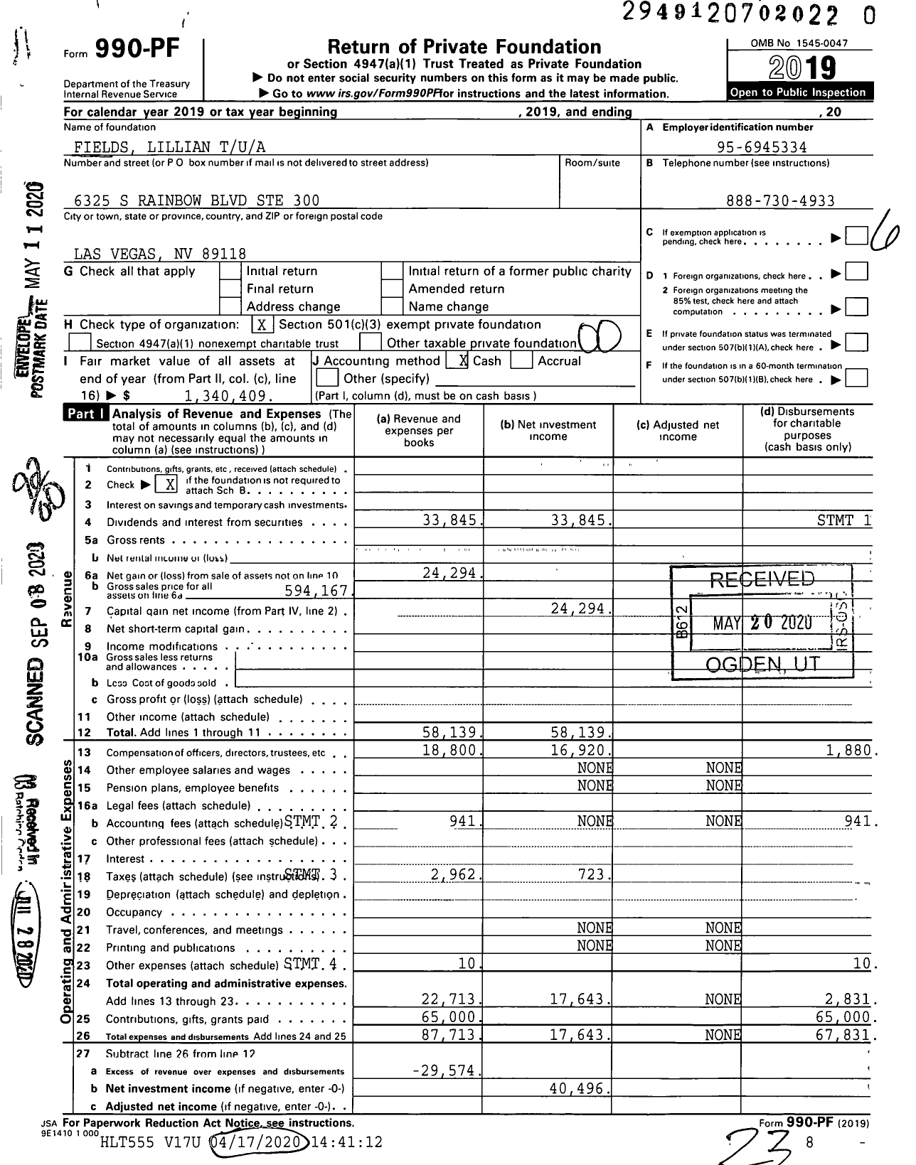 Image of first page of 2019 Form 990PR for Fields Lillian Tua