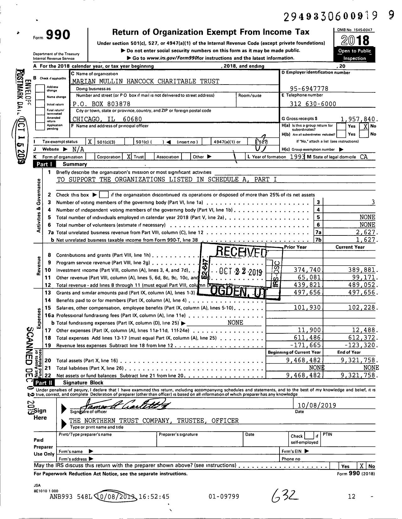 Image of first page of 2018 Form 990 for Marian Mullin Hancock Charitable Trust