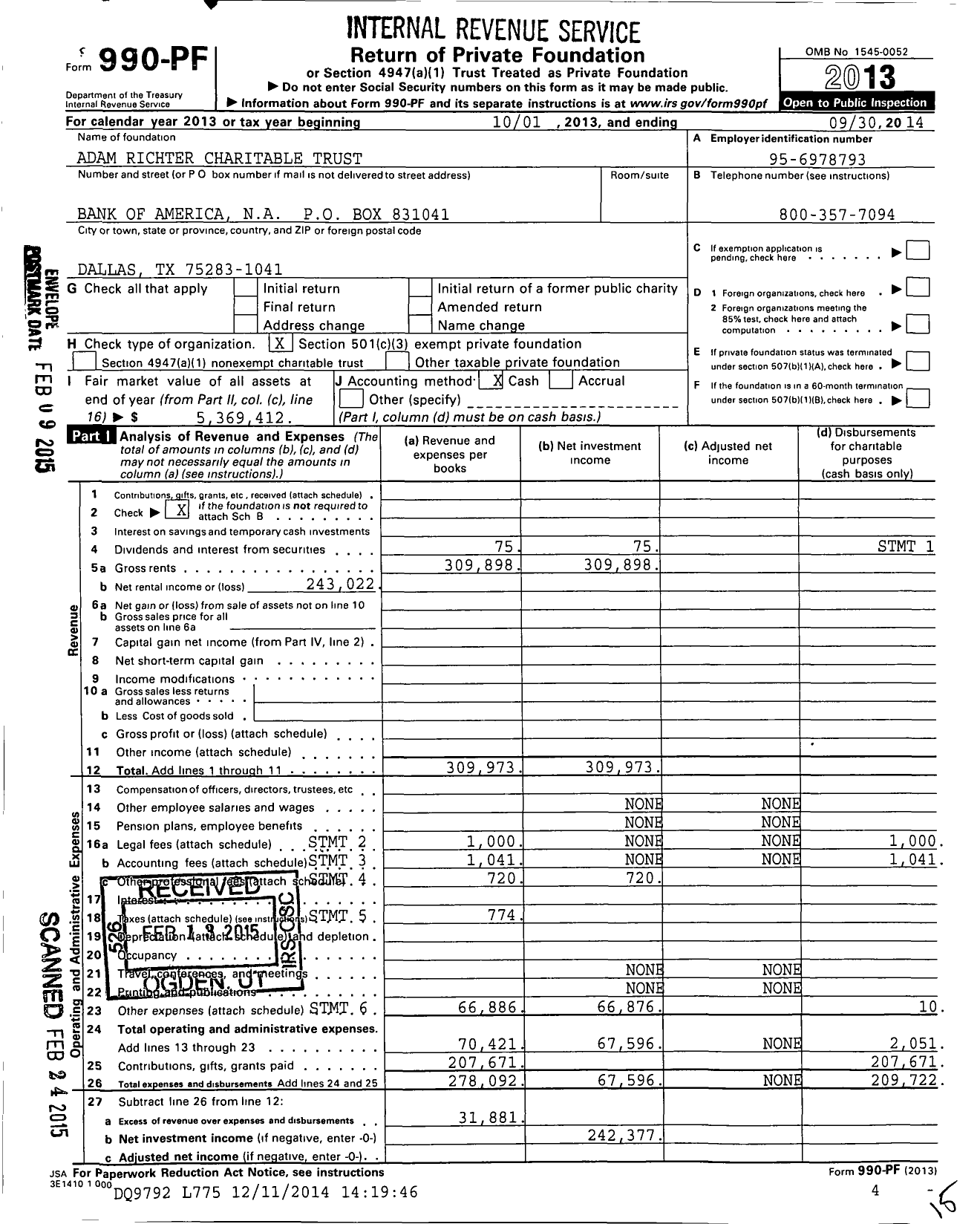 Image of first page of 2013 Form 990PF for Richter Adam Charitable