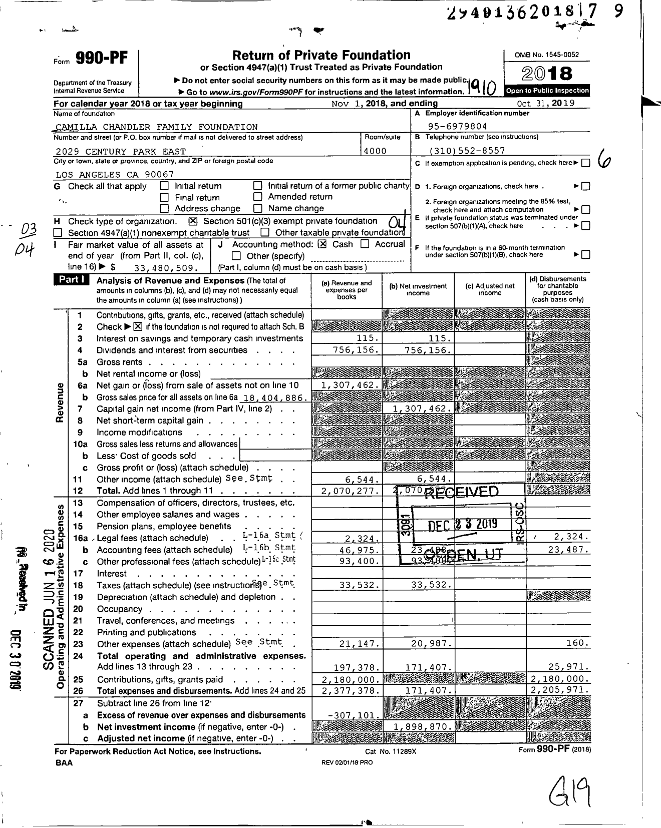 Image of first page of 2018 Form 990PR for Camilla Chandler Family Foundation